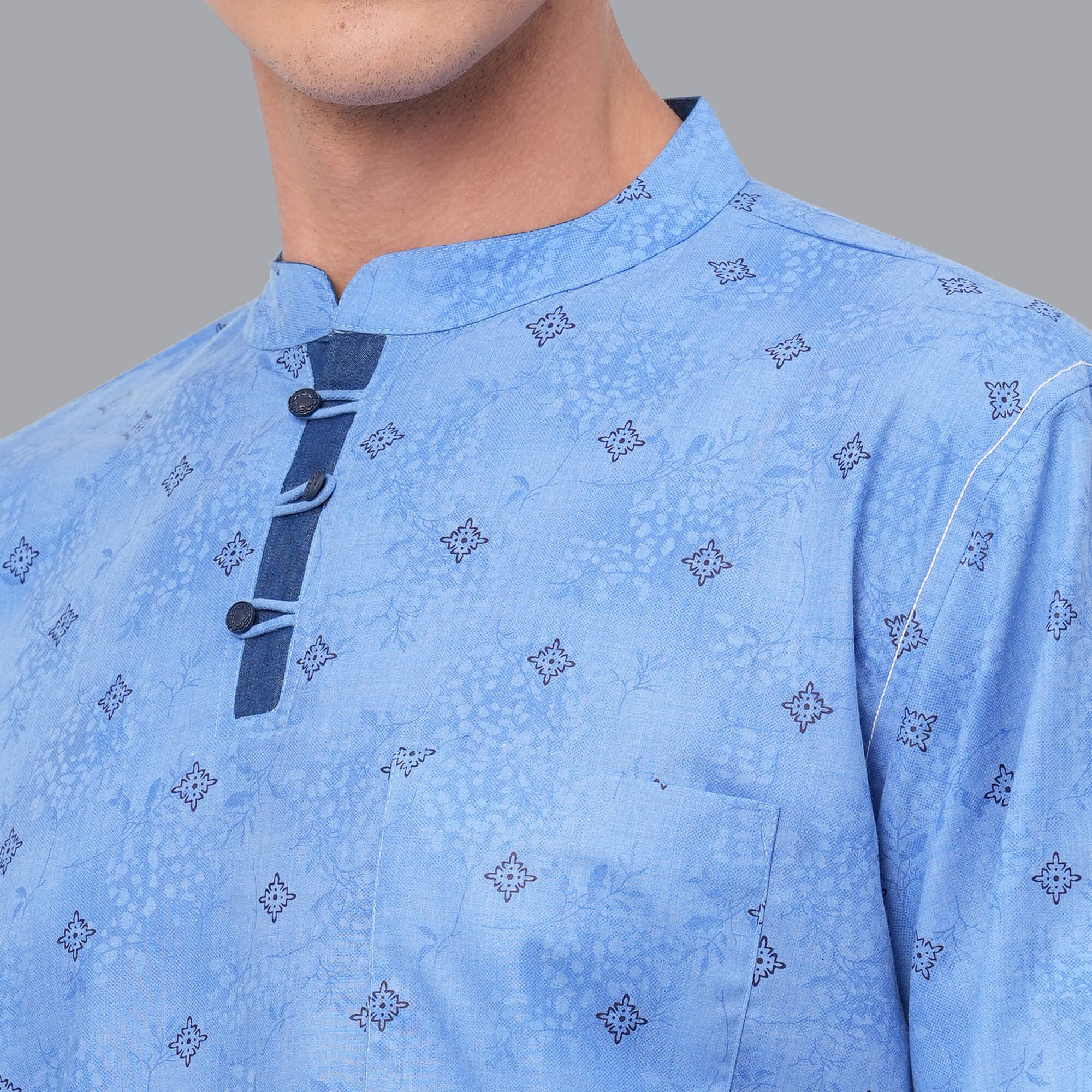 Sky blue color soft poly cotton block printed loop button short kurta - Image 6