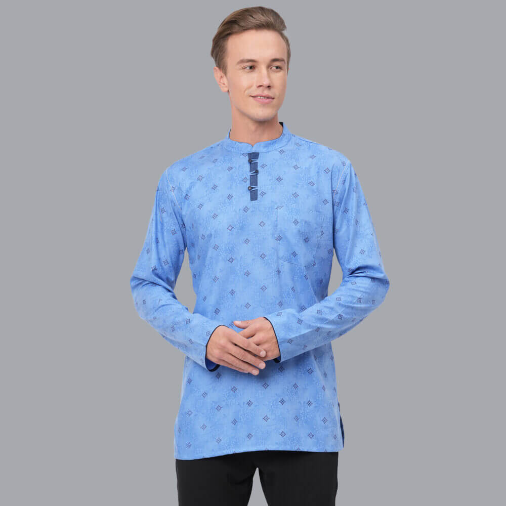 Sky blue color soft poly cotton block printed loop button short kurta - Image 2
