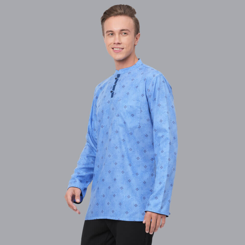 Sky blue color soft poly cotton block printed loop button short kurta - Image 5