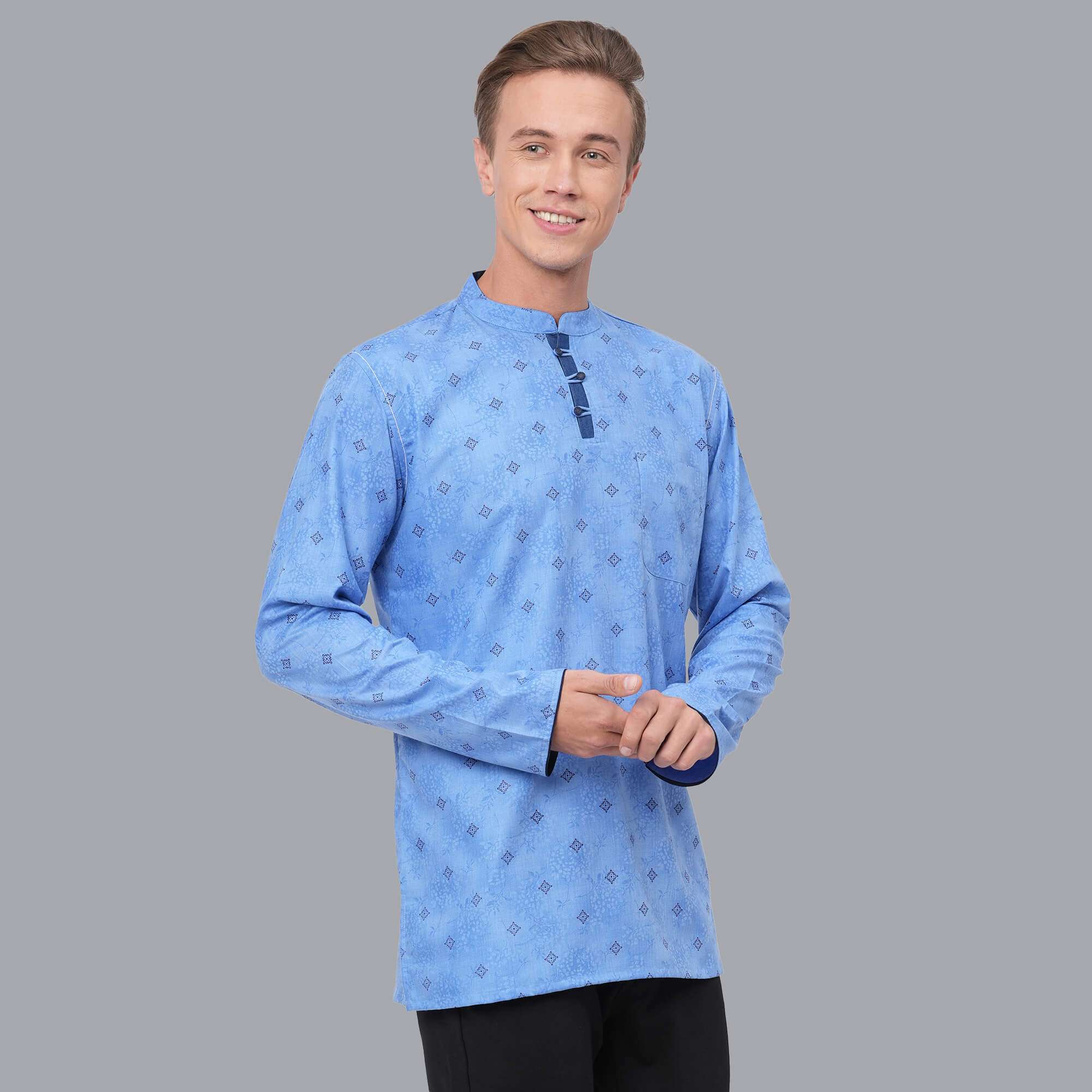 Sky blue color soft poly cotton block printed loop button short kurta