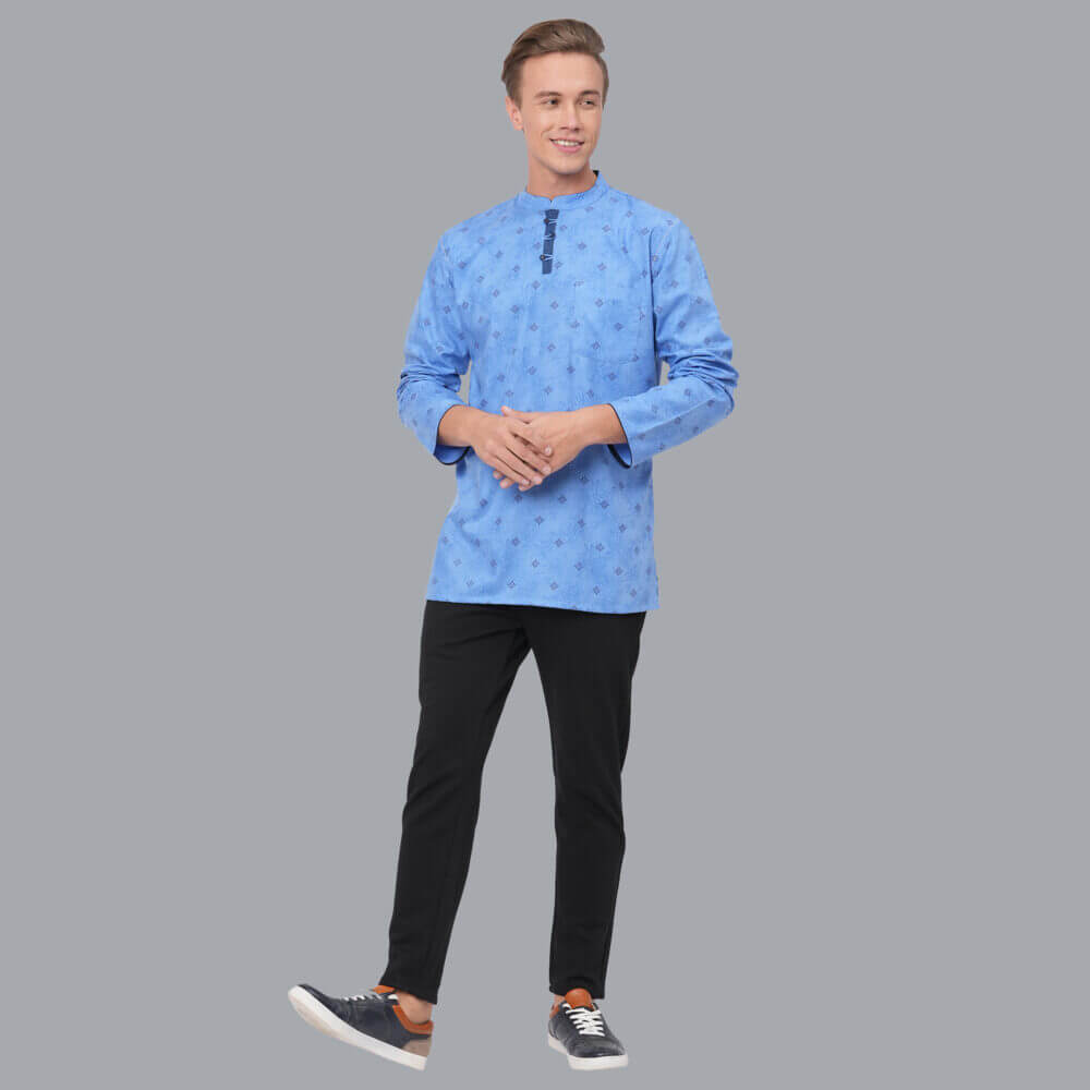 Sky blue color soft poly cotton block printed loop button short kurta - Image 7