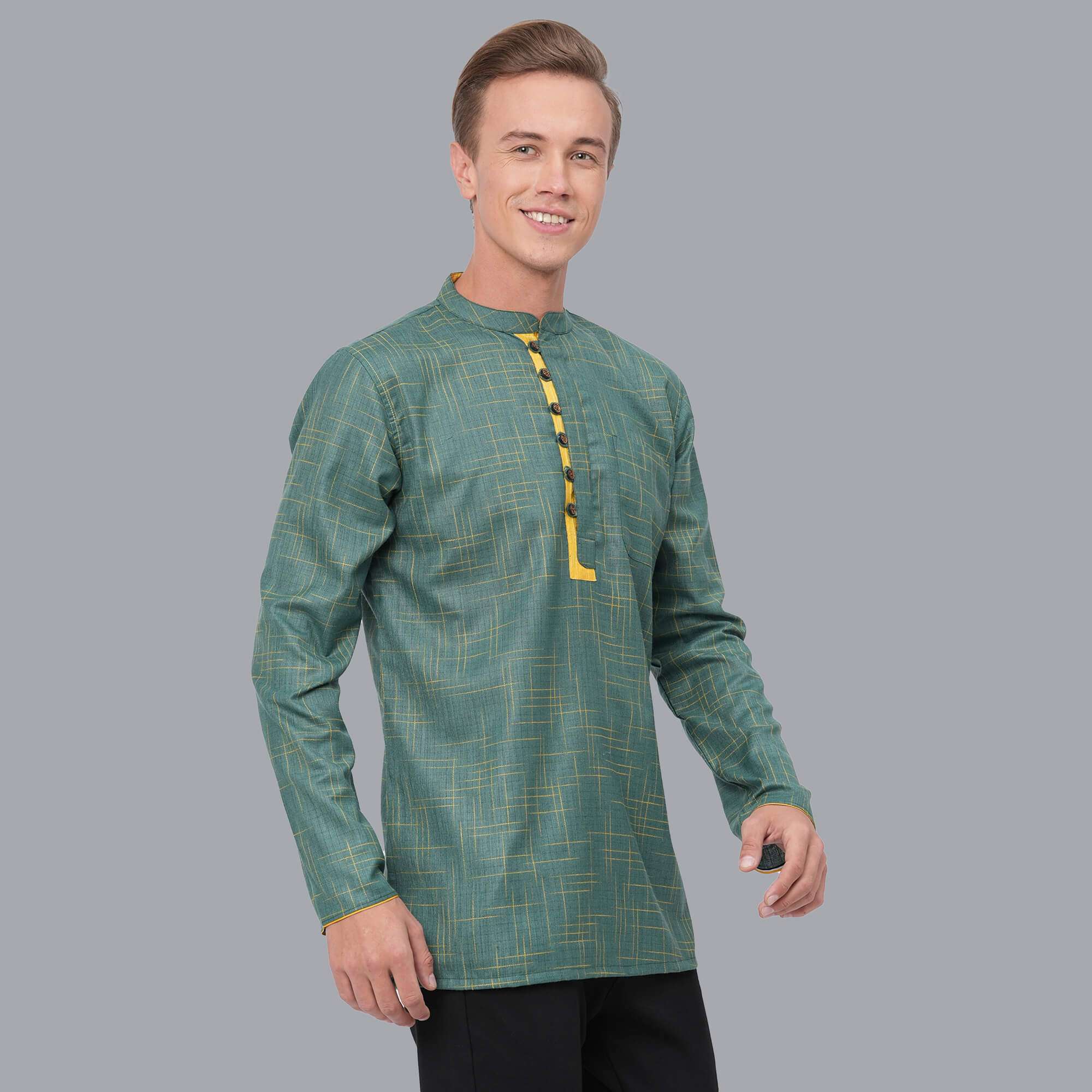 Green color soft poly cotton yellow textured loop button short kurta
