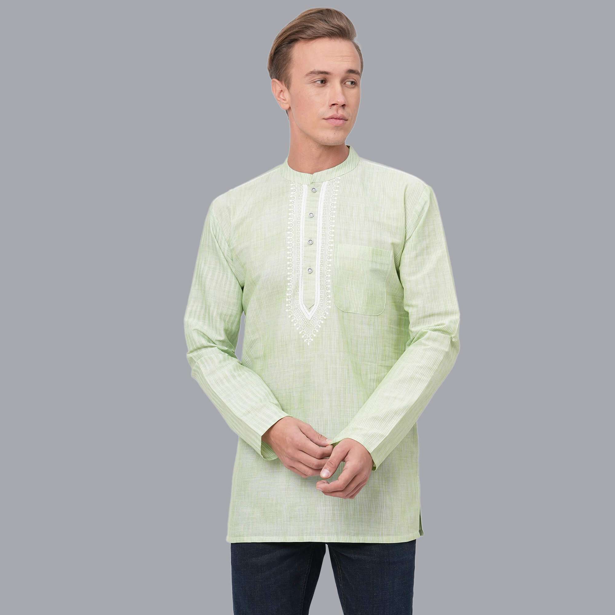 Light Green color cotton handloom white hand block printed short kurta