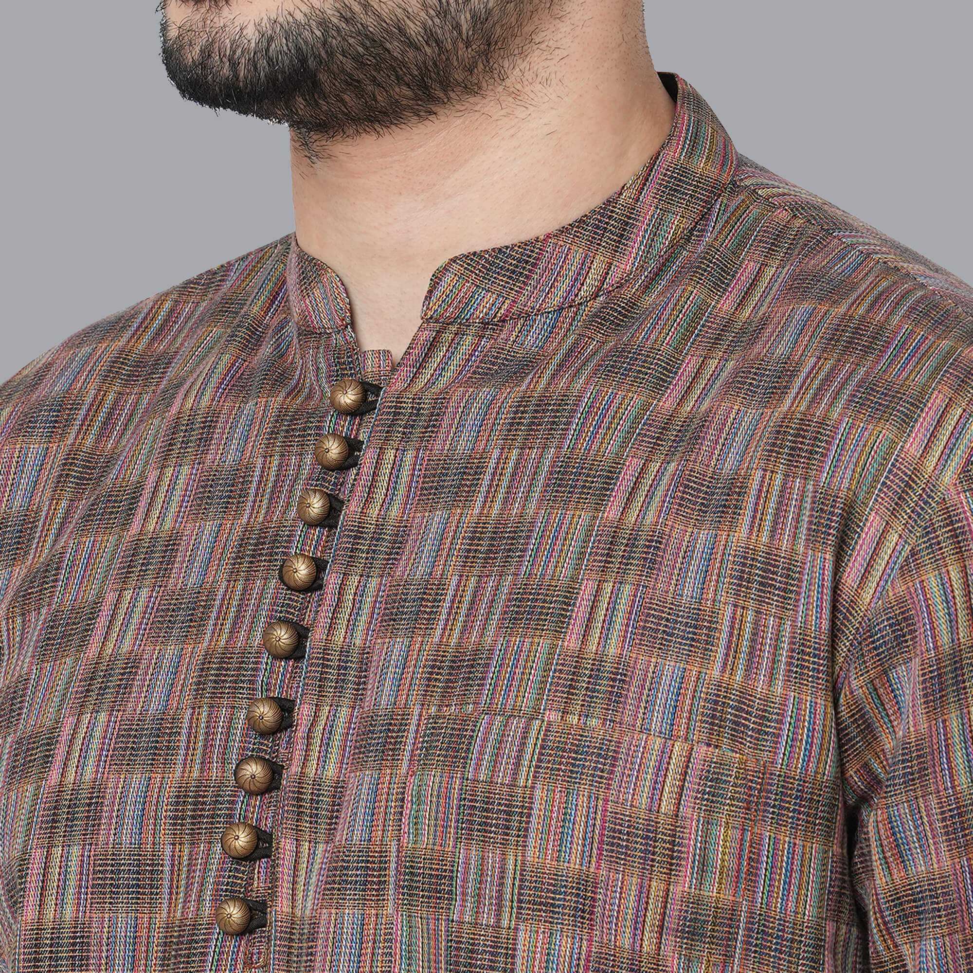 Rust color handloom cotton multicolor threads checkers, loops buttons men short kurta - Image 4