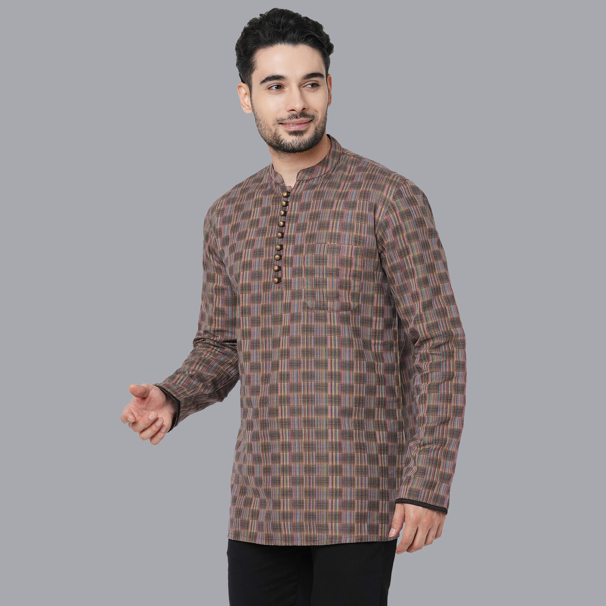 Rust color handloom cotton multicolor threads checkers, loops buttons men short kurta - Image 2