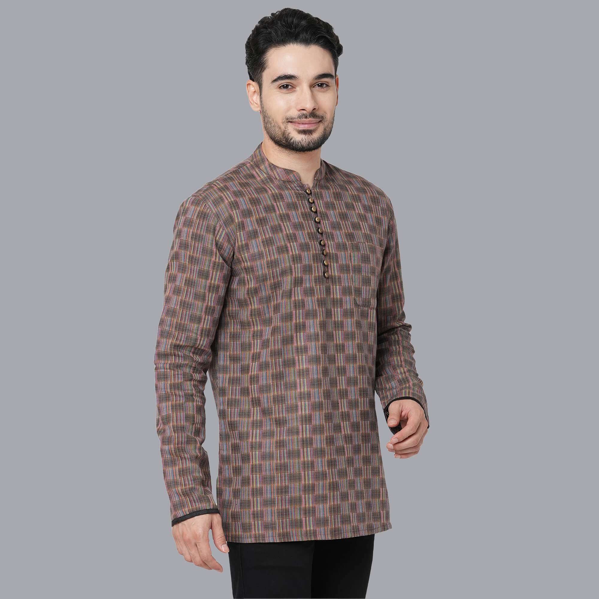Rust color handloom cotton multicolor threads checkers, loops buttons men short kurta - Image 3