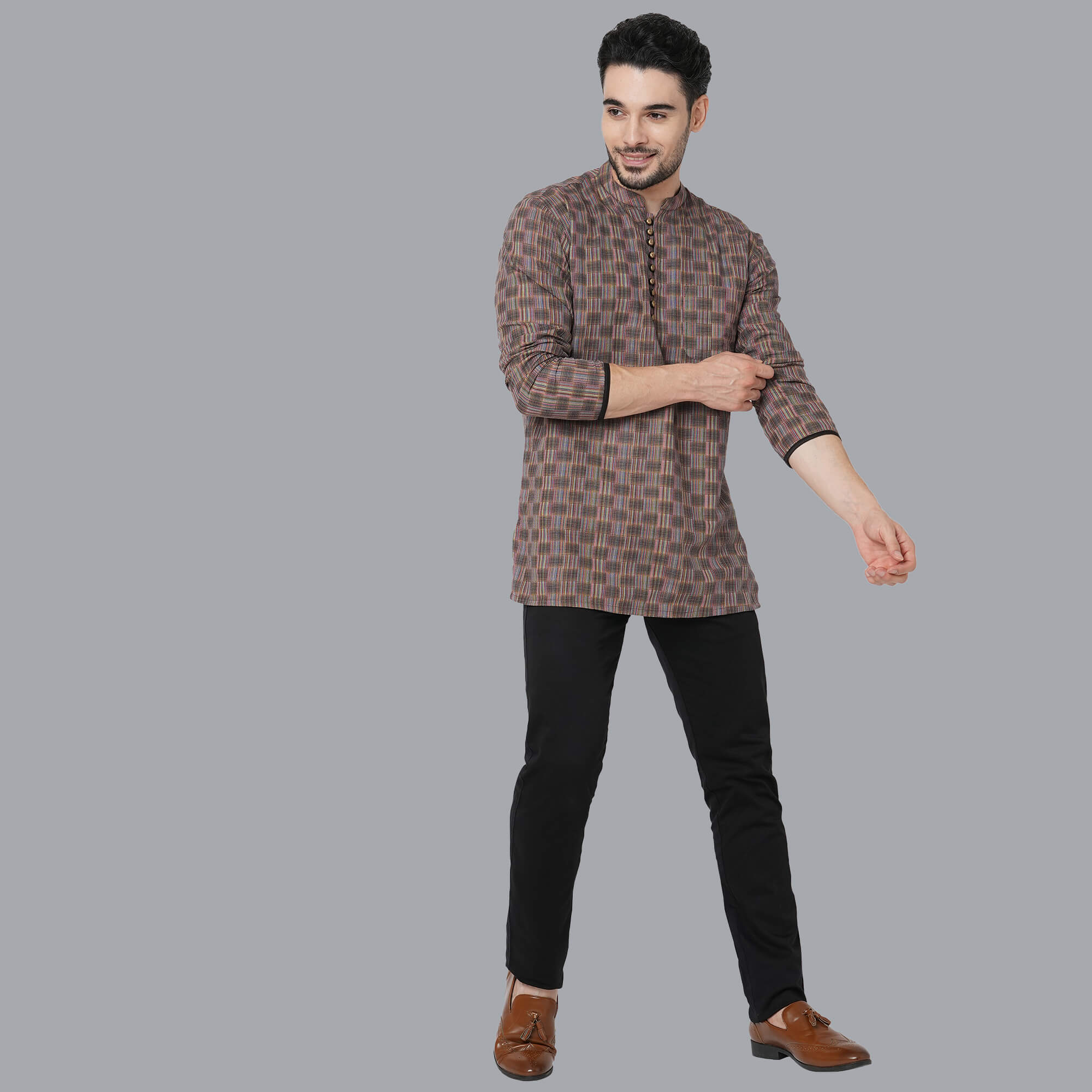 Rust color handloom cotton multicolor threads checkers, loops buttons men short kurta - Image 5