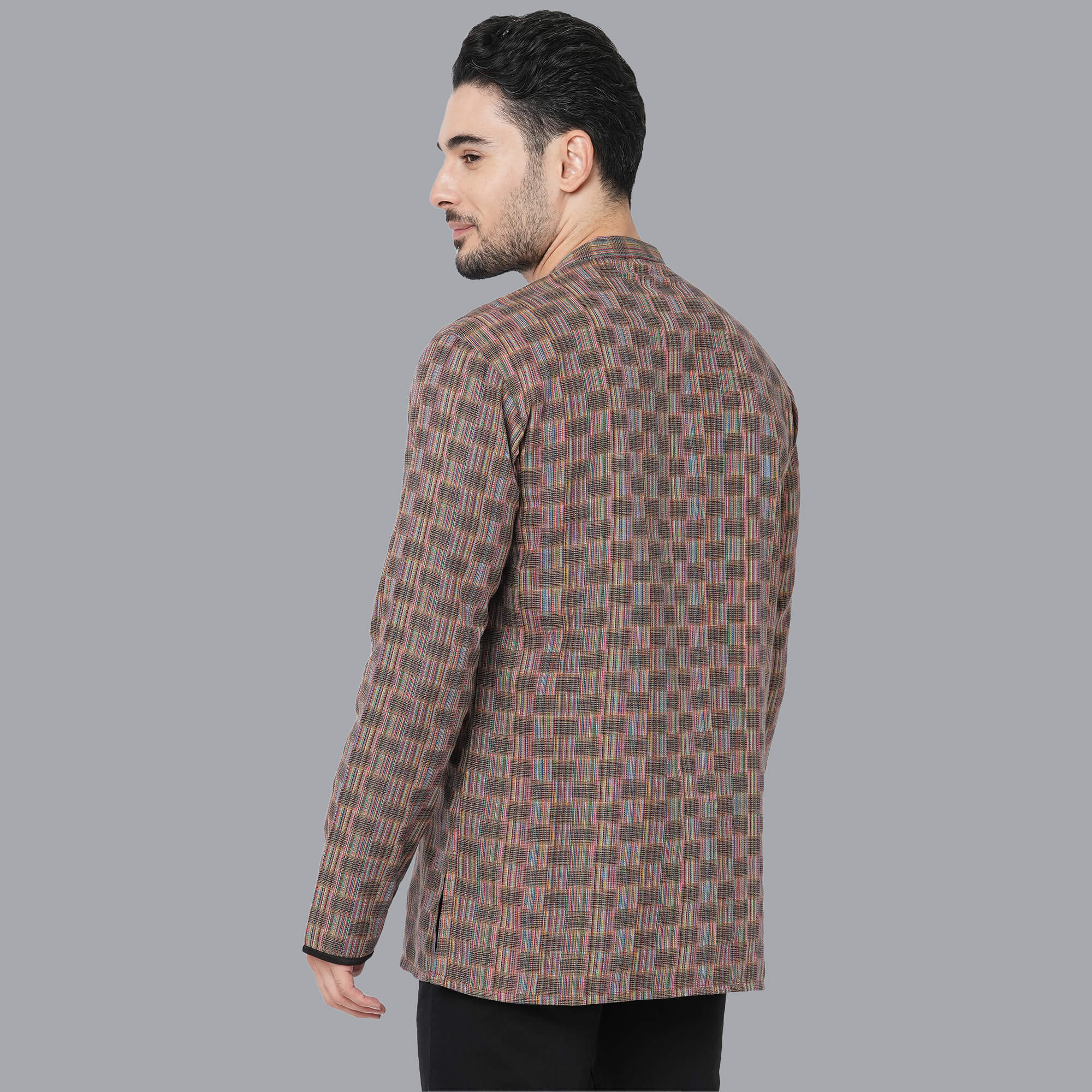 Rust color handloom cotton multicolor threads checkers, loops buttons men short kurta - Image 6