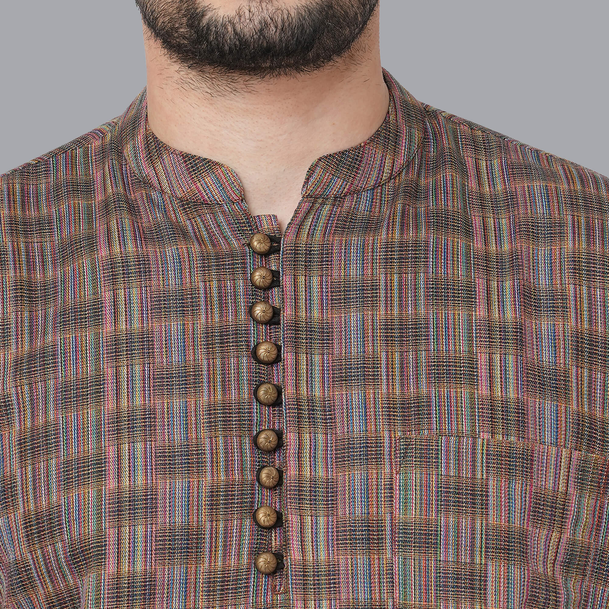 Rust color handloom cotton multicolor threads checkers, loops buttons men short kurta - Image 7