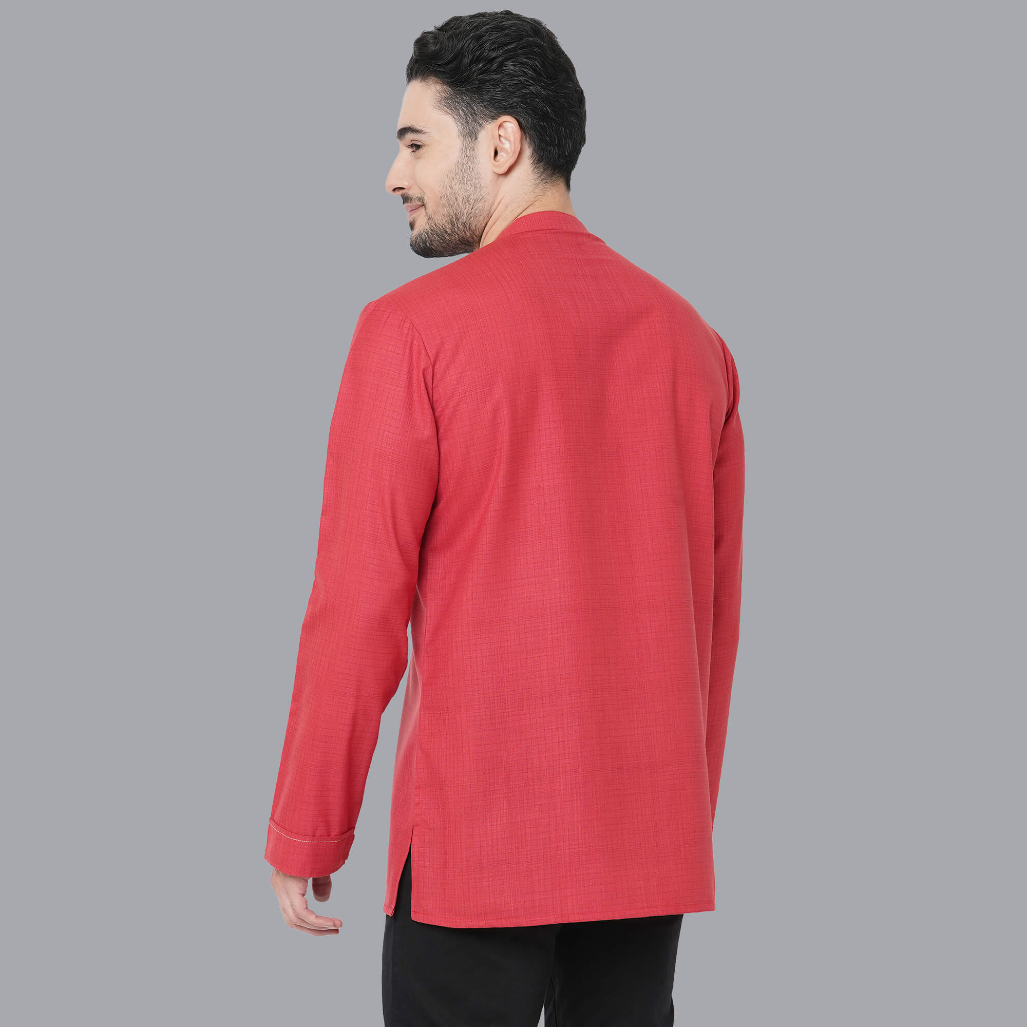Red color soft poly cotton textured embroidery short kurta - Image 2