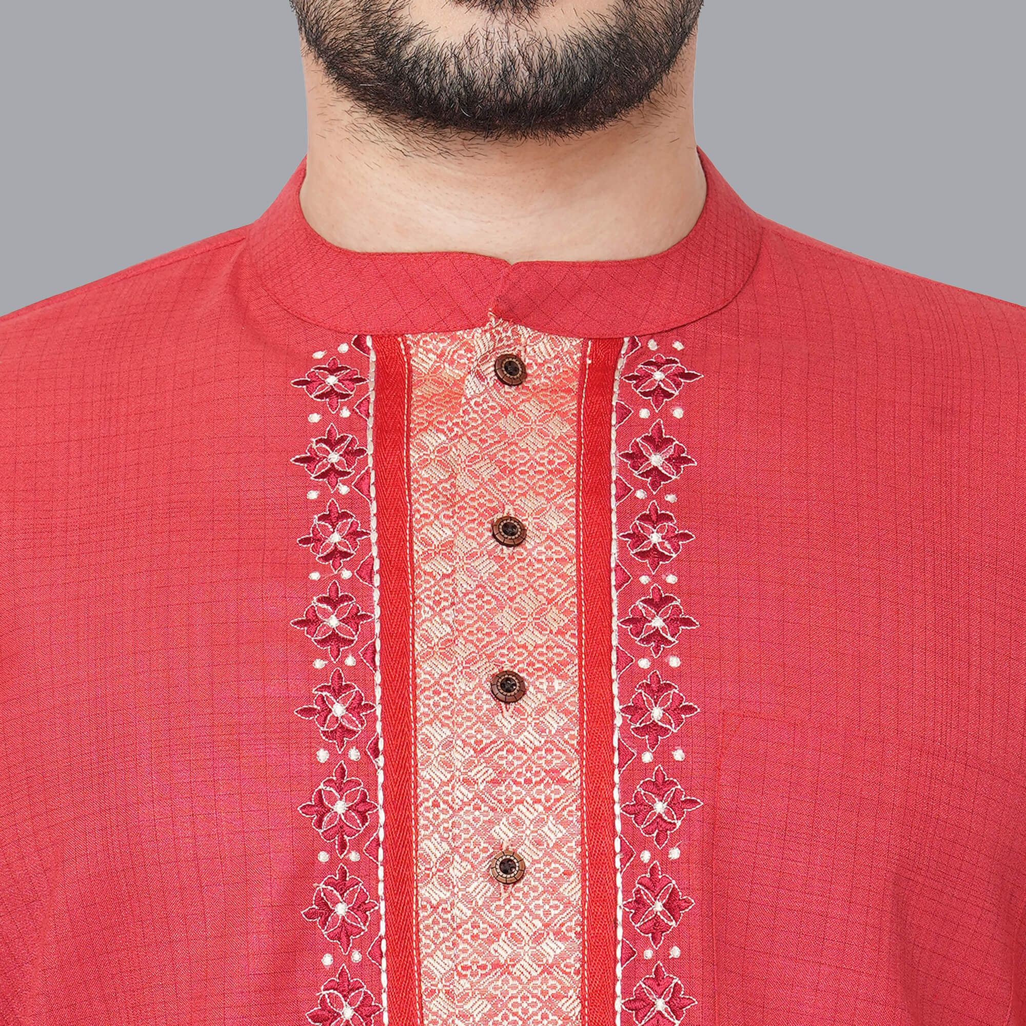 Red color soft poly cotton textured embroidery short kurta - Image 3