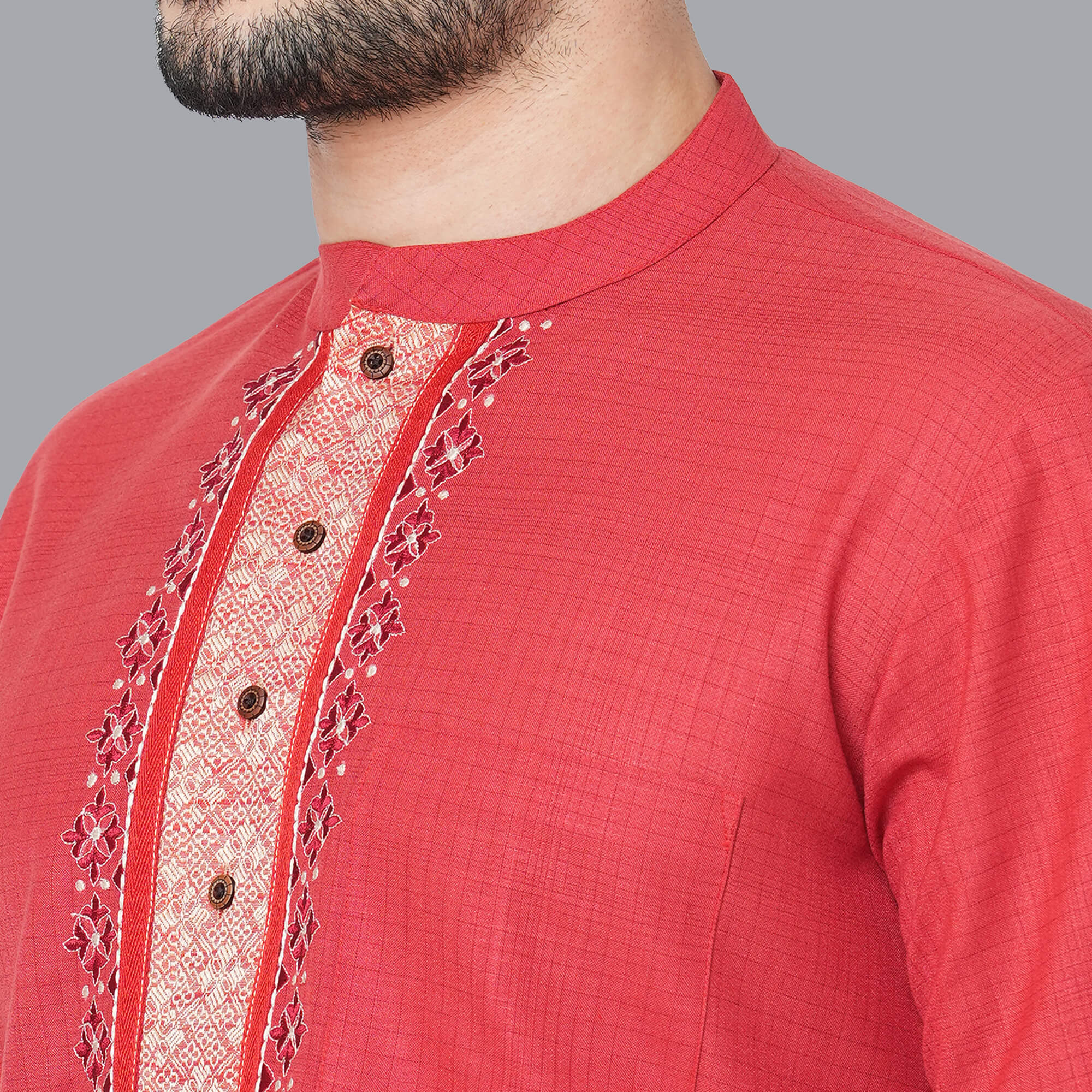 Red color soft poly cotton textured embroidery short kurta - Image 4