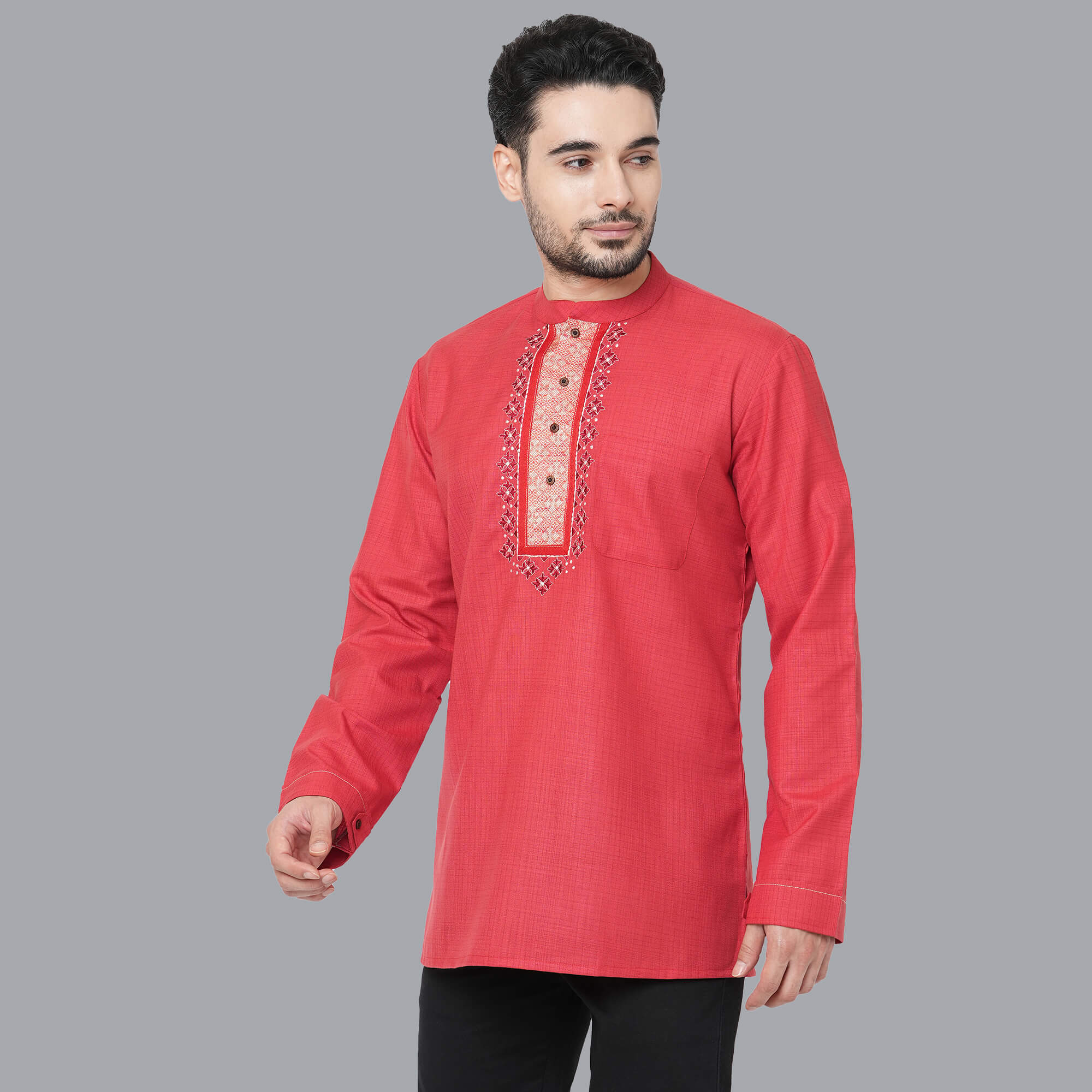 Red color soft poly cotton textured embroidery short kurta - Image 5