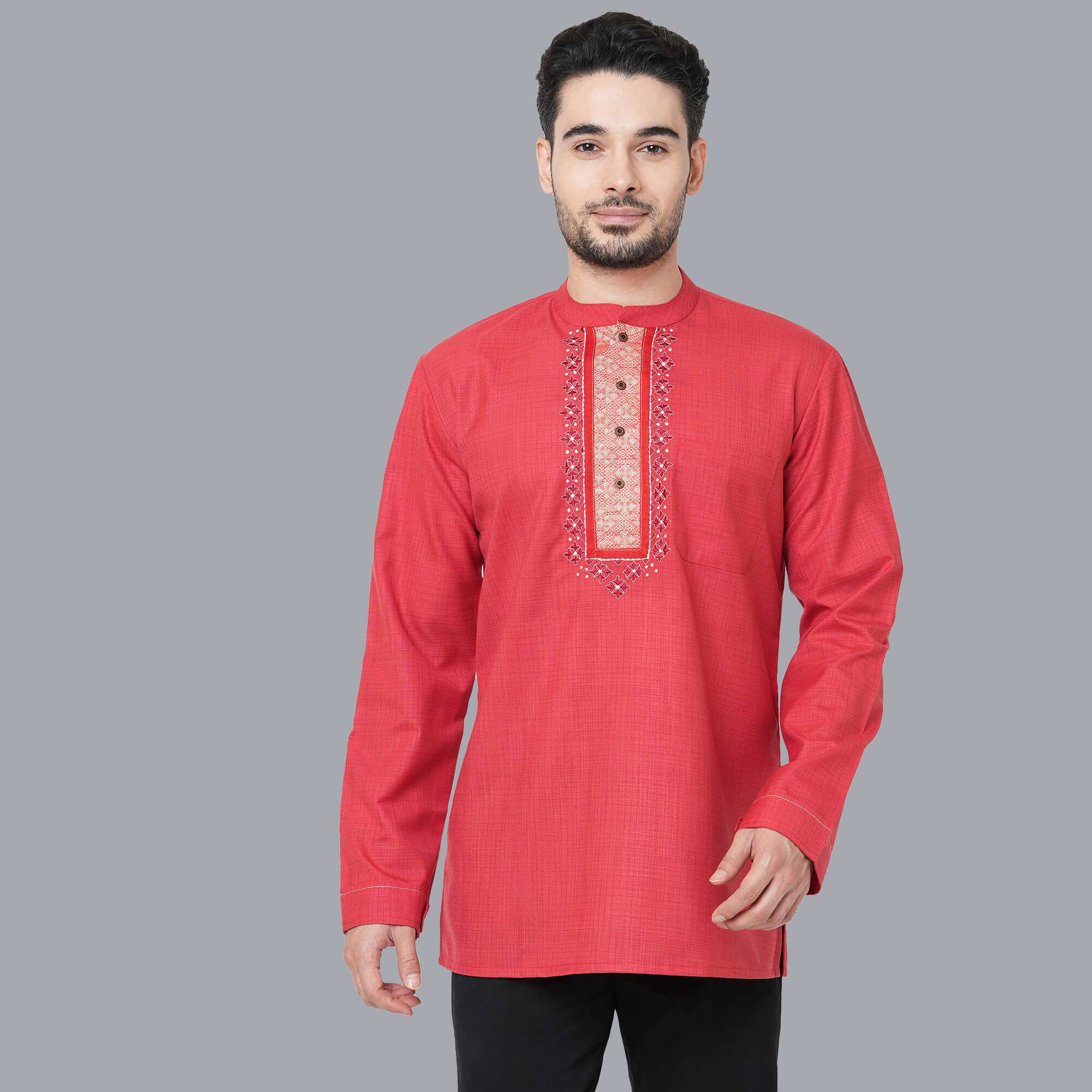 Red color soft poly cotton textured embroidery short kurta