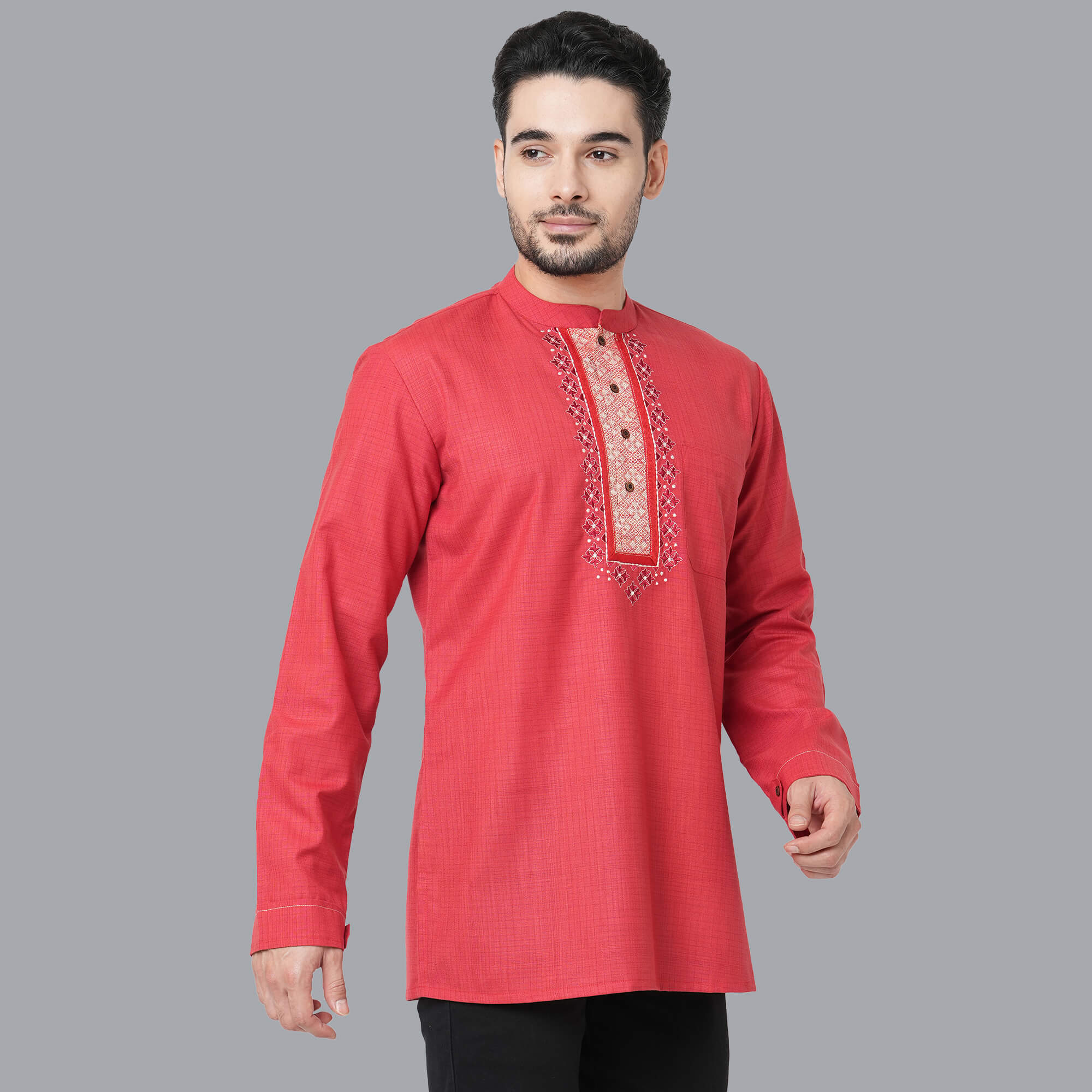 Red color soft poly cotton textured embroidery short kurta - Image 6