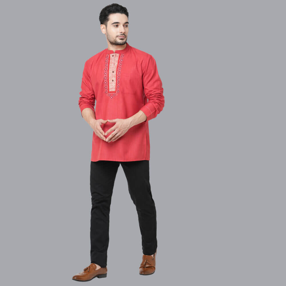 Red color soft poly cotton textured embroidery short kurta - Image 7