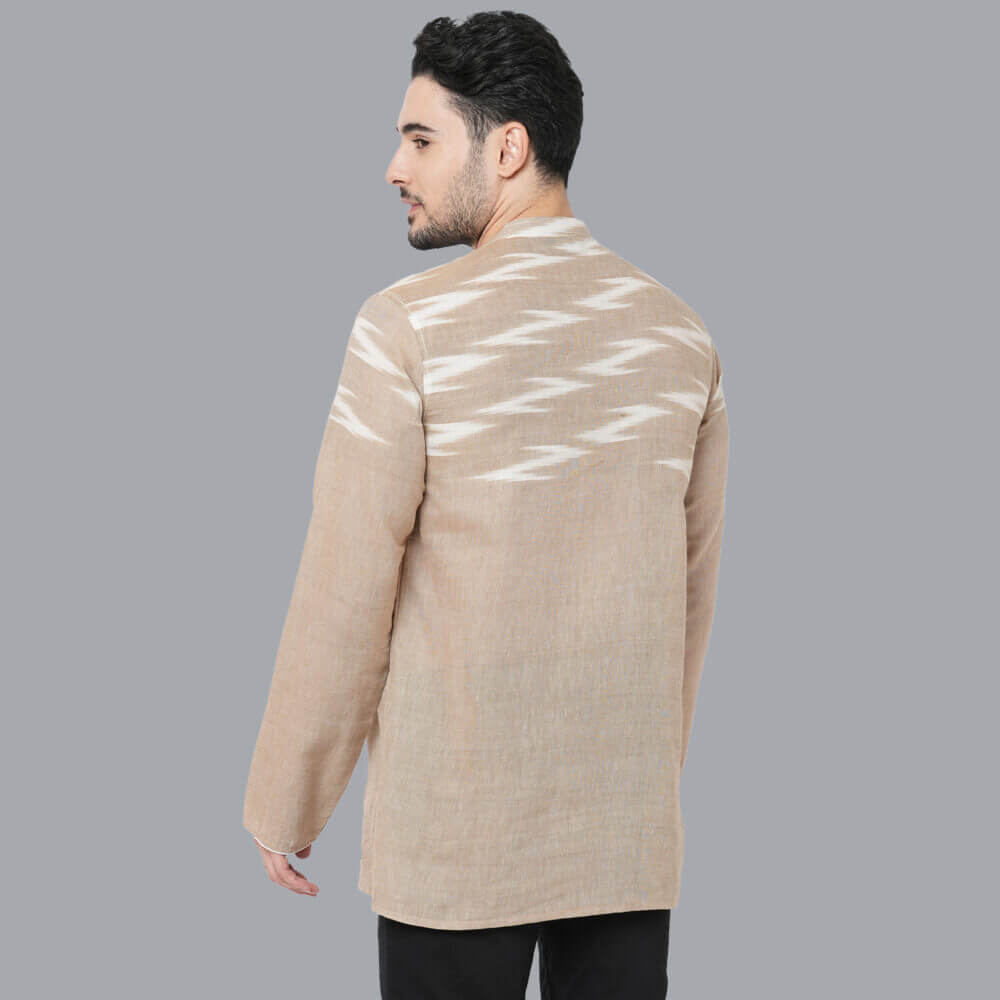 Light rust color cotton ikkat fabric men short kurta - Image 2