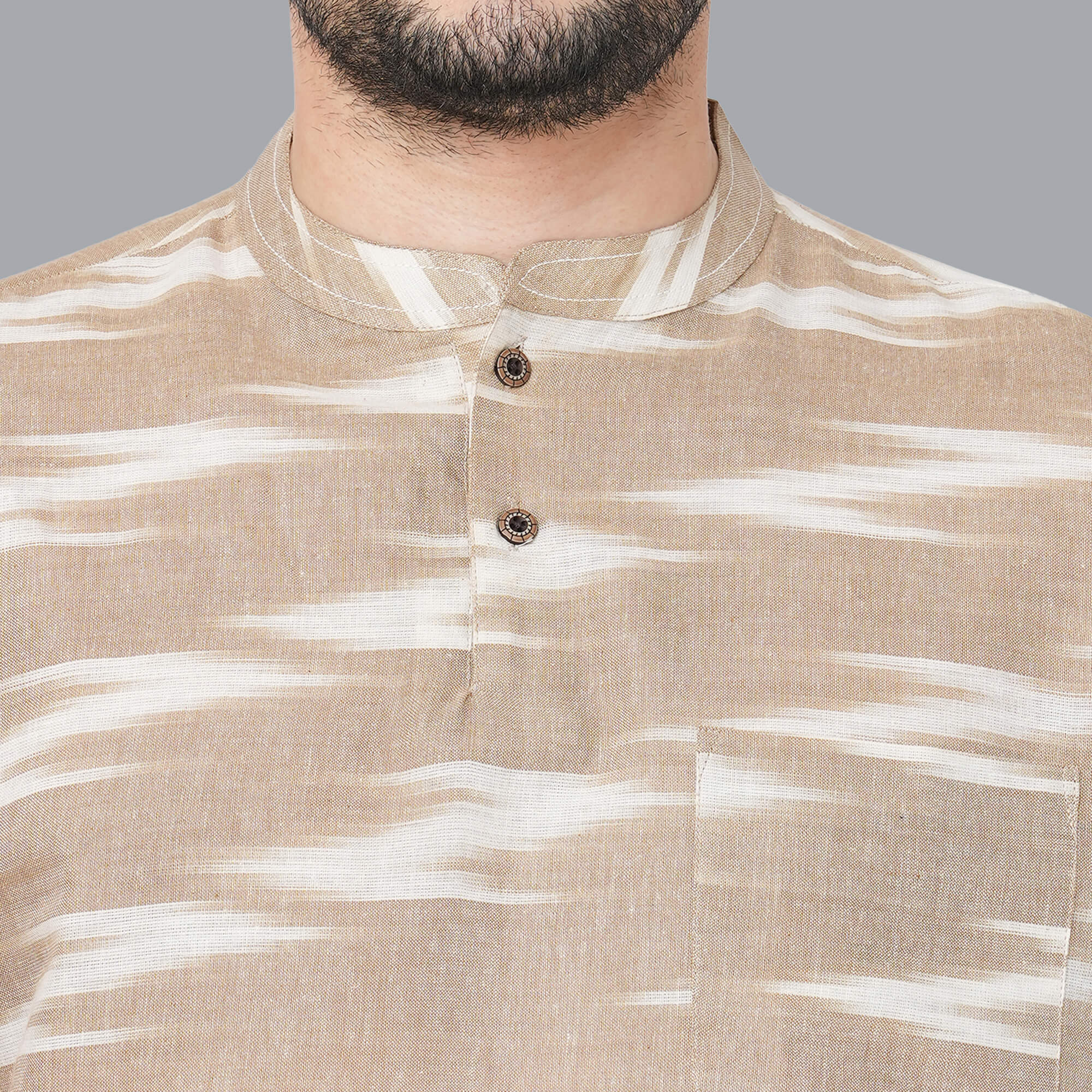 Light rust color cotton ikkat fabric men short kurta - Image 3