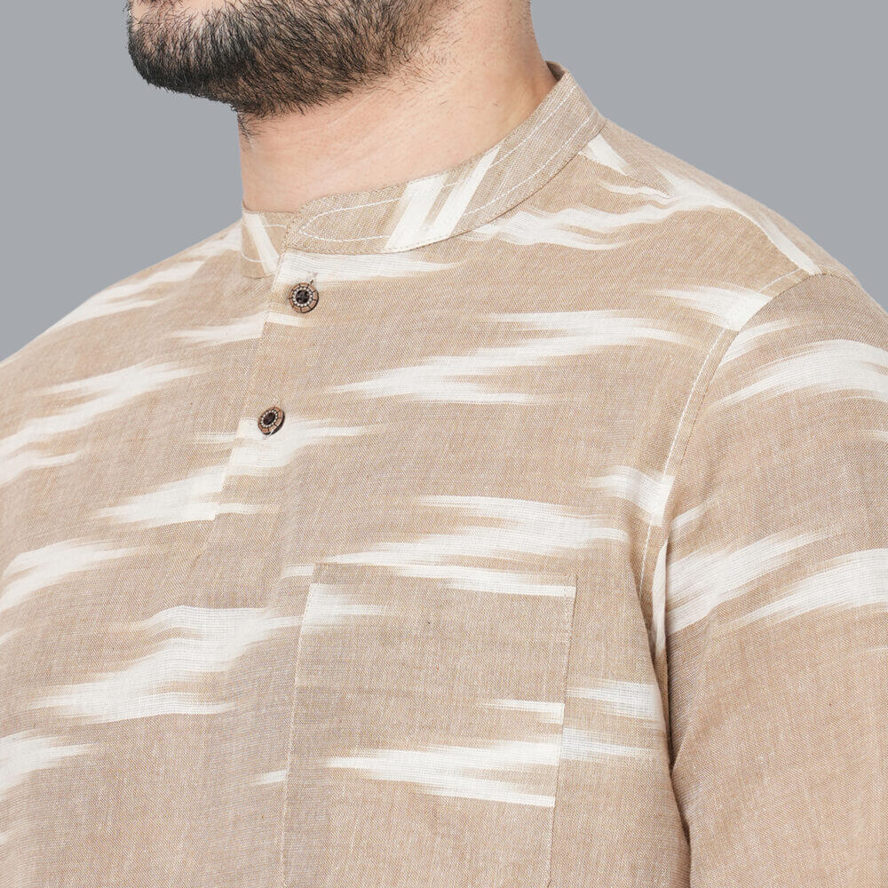 Light rust color cotton ikkat fabric men short kurta - Image 4