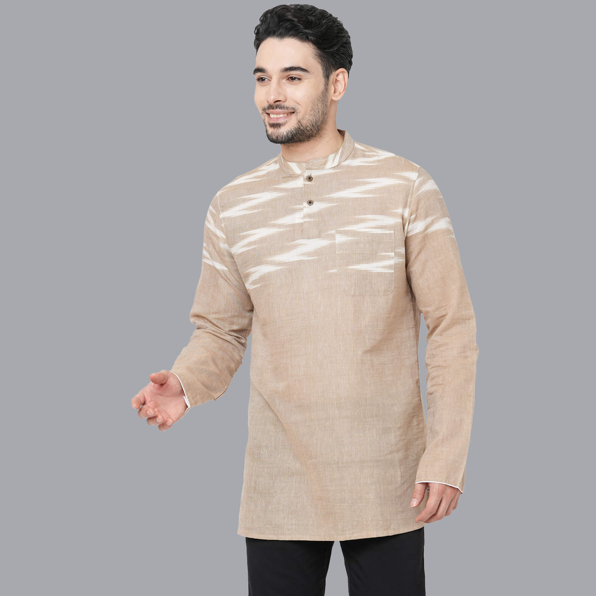 Light rust color cotton ikkat fabric men short kurta - Image 5