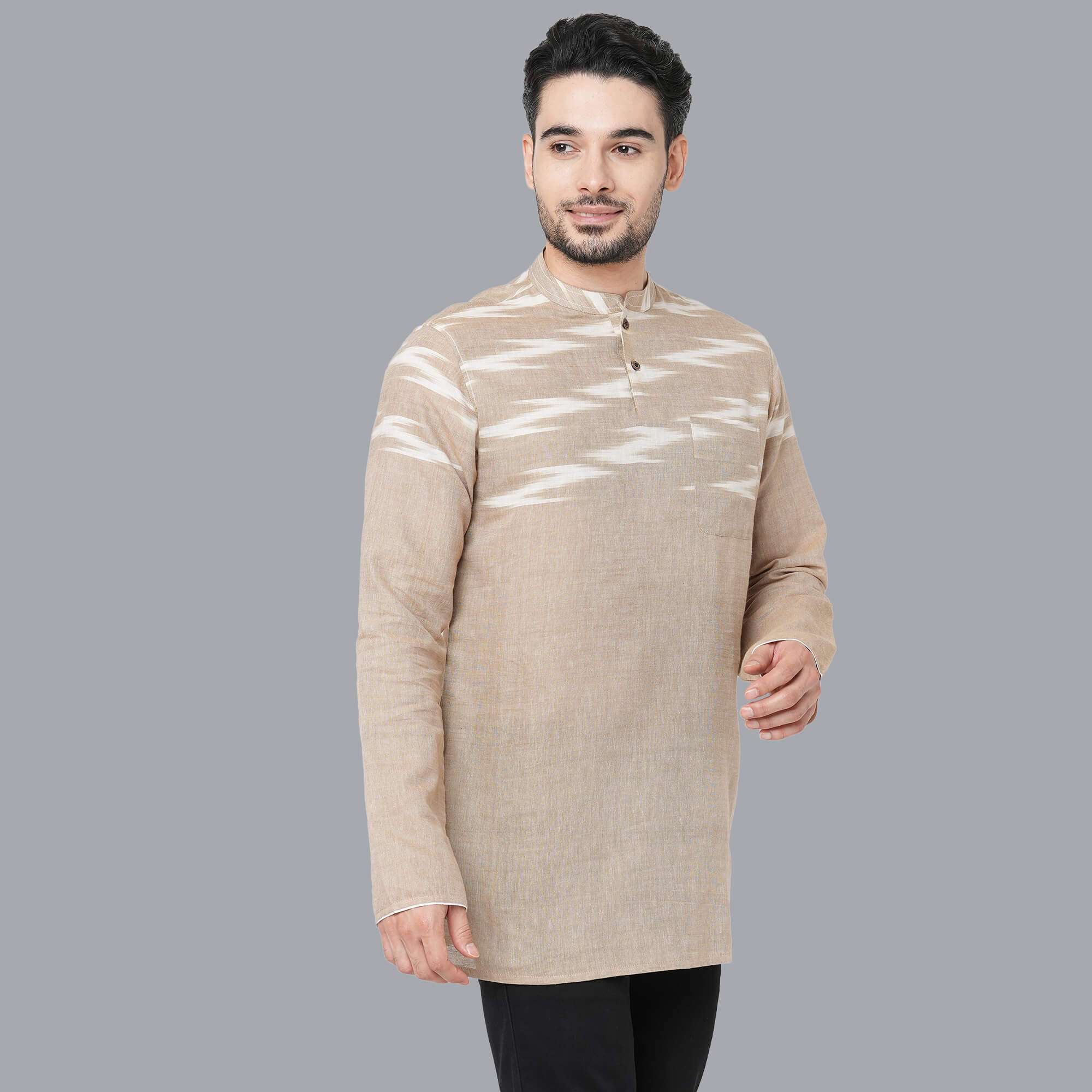 Light rust color cotton ikkat fabric men short kurta