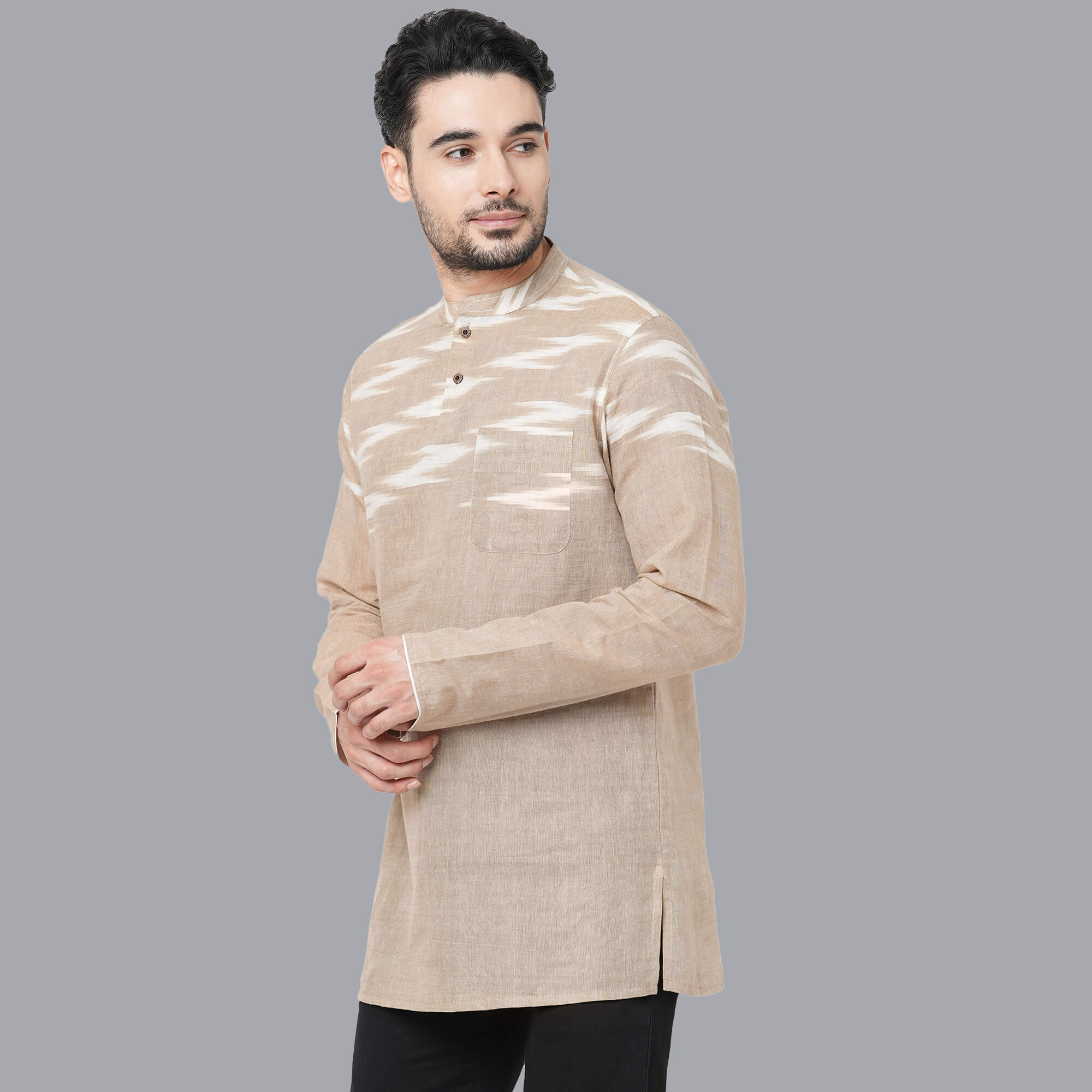 Light rust color cotton ikkat fabric men short kurta - Image 6