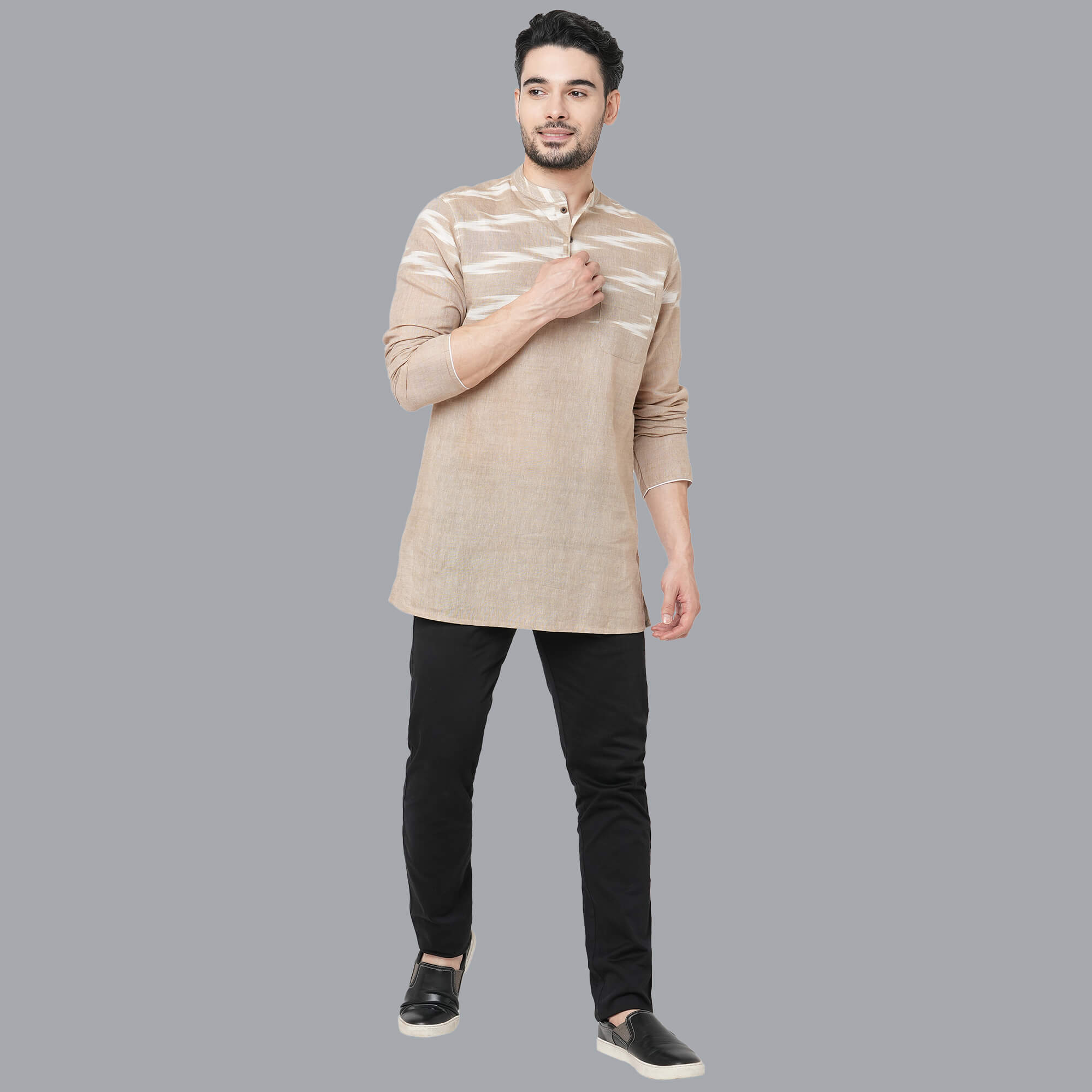 Light rust color cotton ikkat fabric men short kurta - Image 7