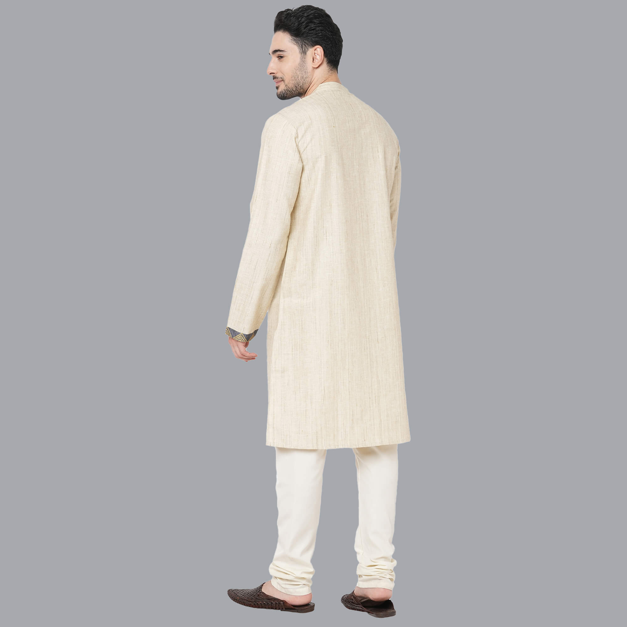 Beige color polycot handloom texture block print, golden border men long kurta - Image 2