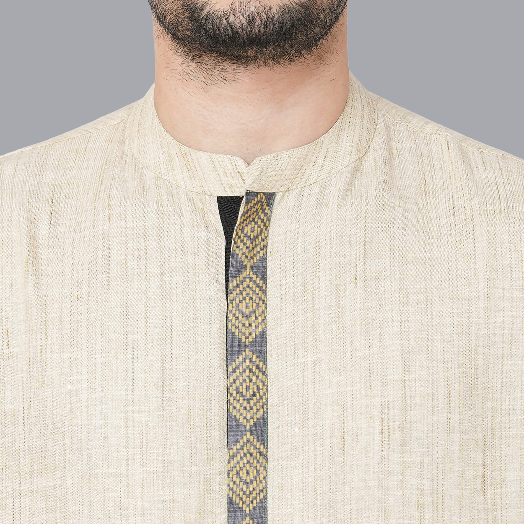 Beige color polycot handloom texture block print, golden border men long kurta - Image 6