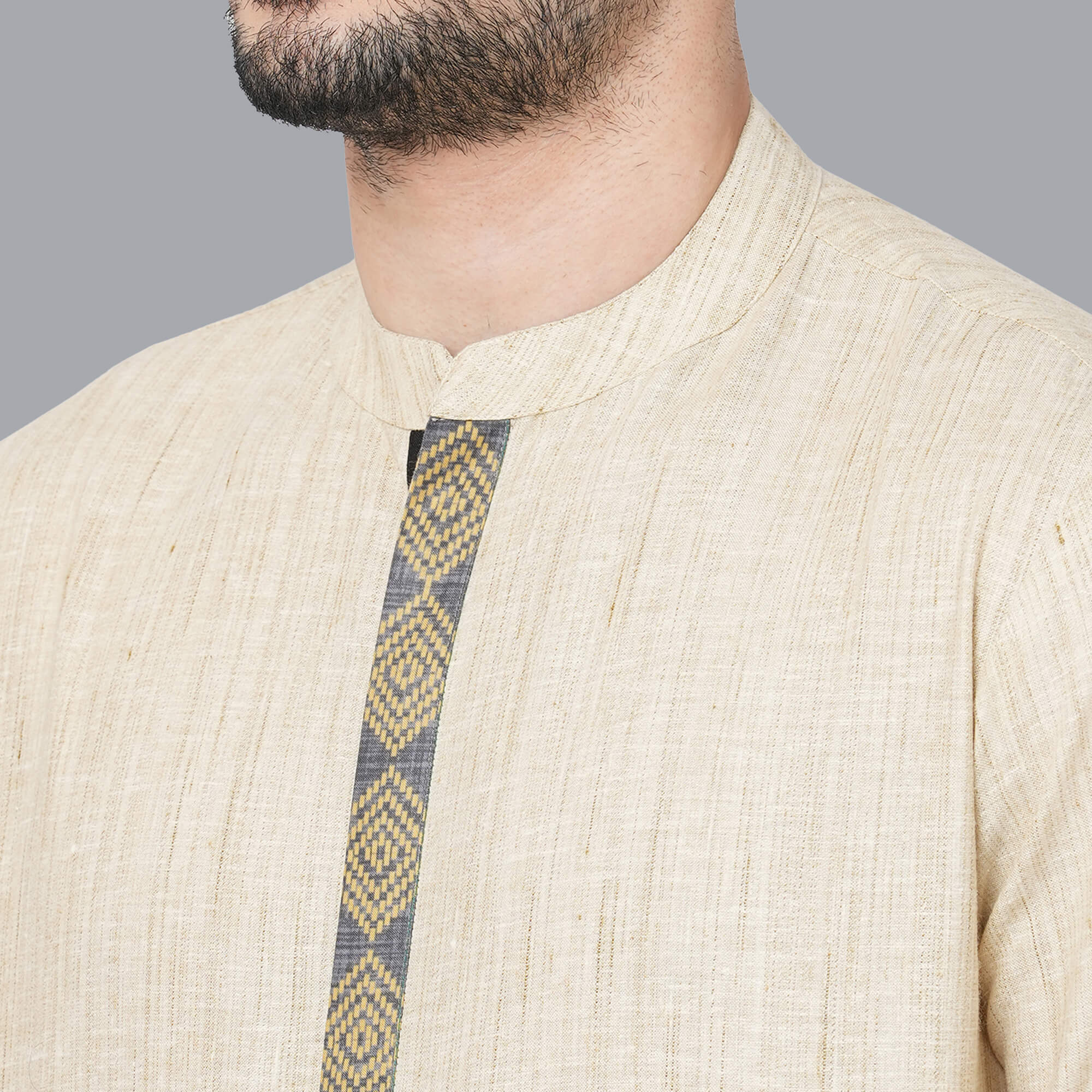 Beige color polycot handloom texture block print, golden border men long kurta - Image 4