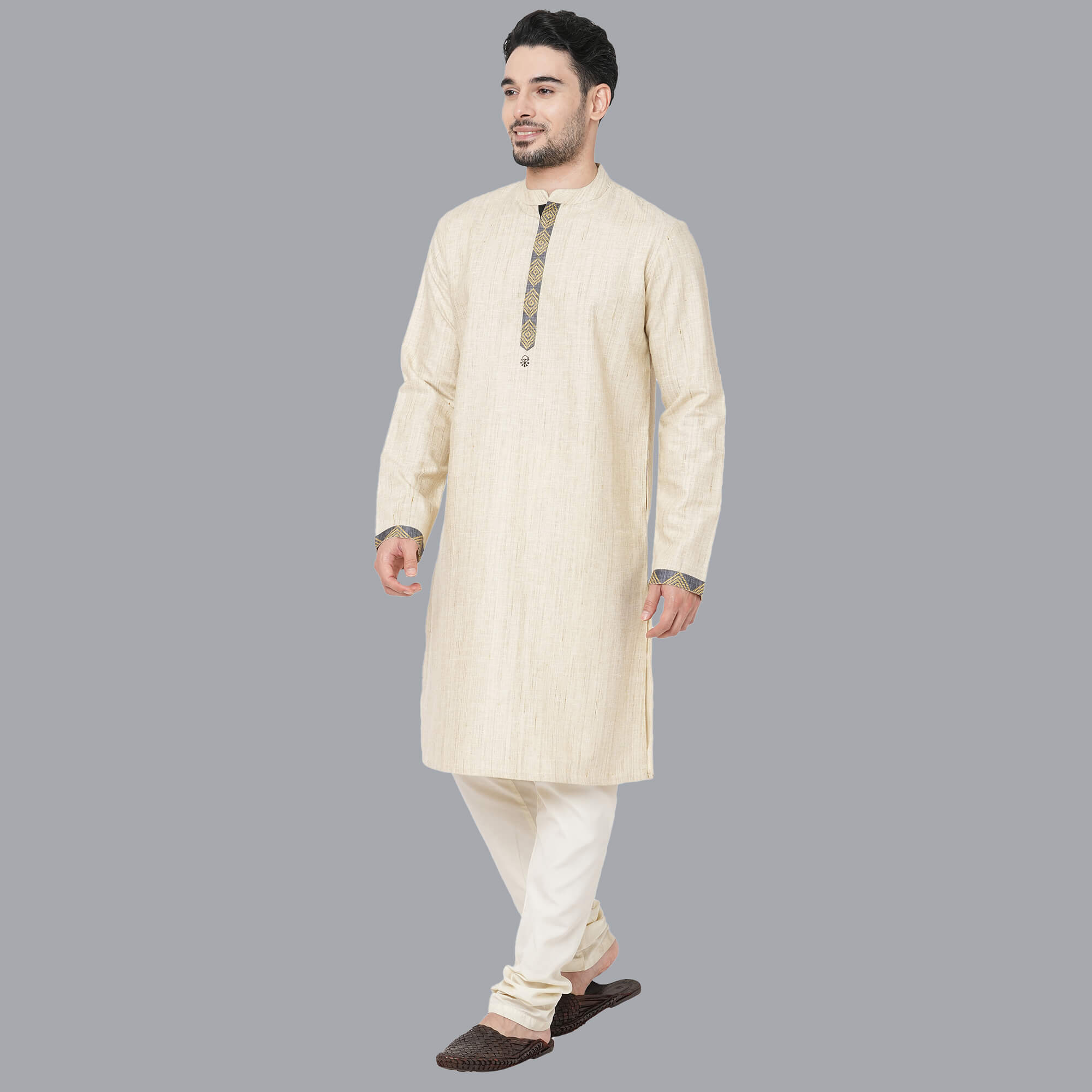 Beige color polycot handloom texture block print, golden border men long kurta - Image 3