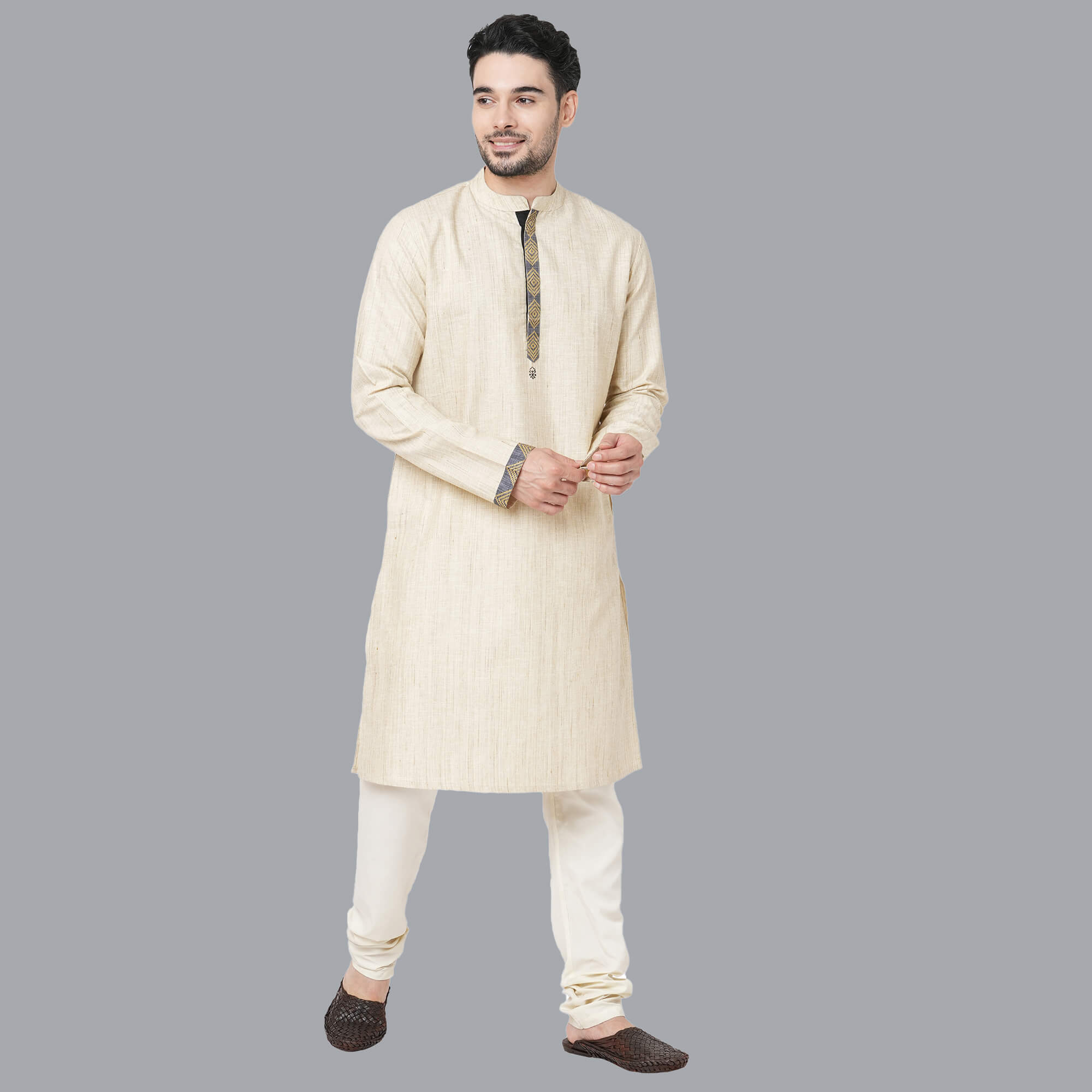 Beige color polycot handloom texture block print, golden border men long kurta - Image 5