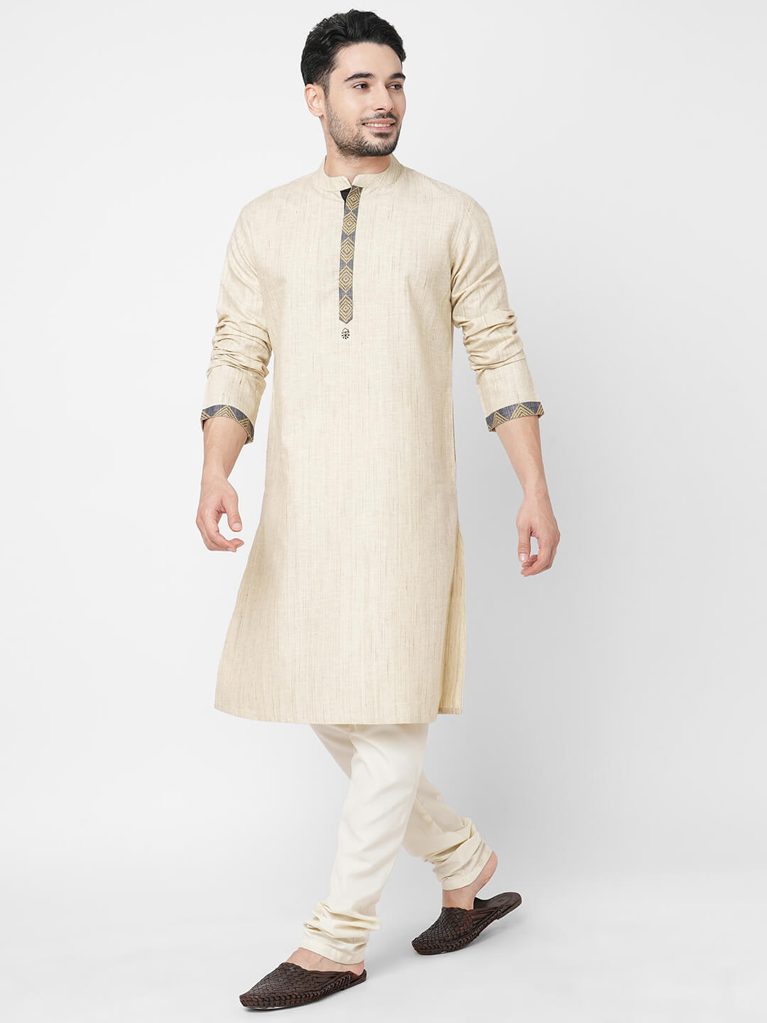 Beige color polycot handloom texture block print, golden border men long kurta - Image 7