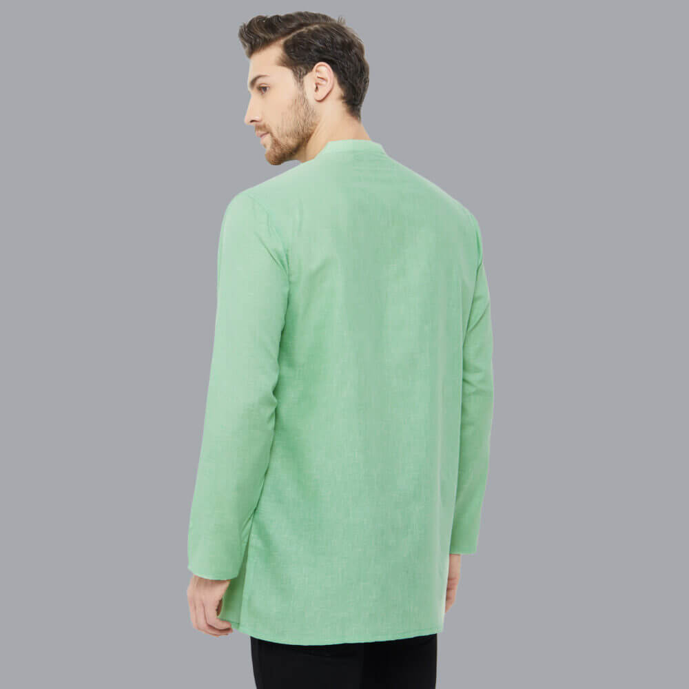 Green color poly cotton texture printed yoke men short kurta - Image 3