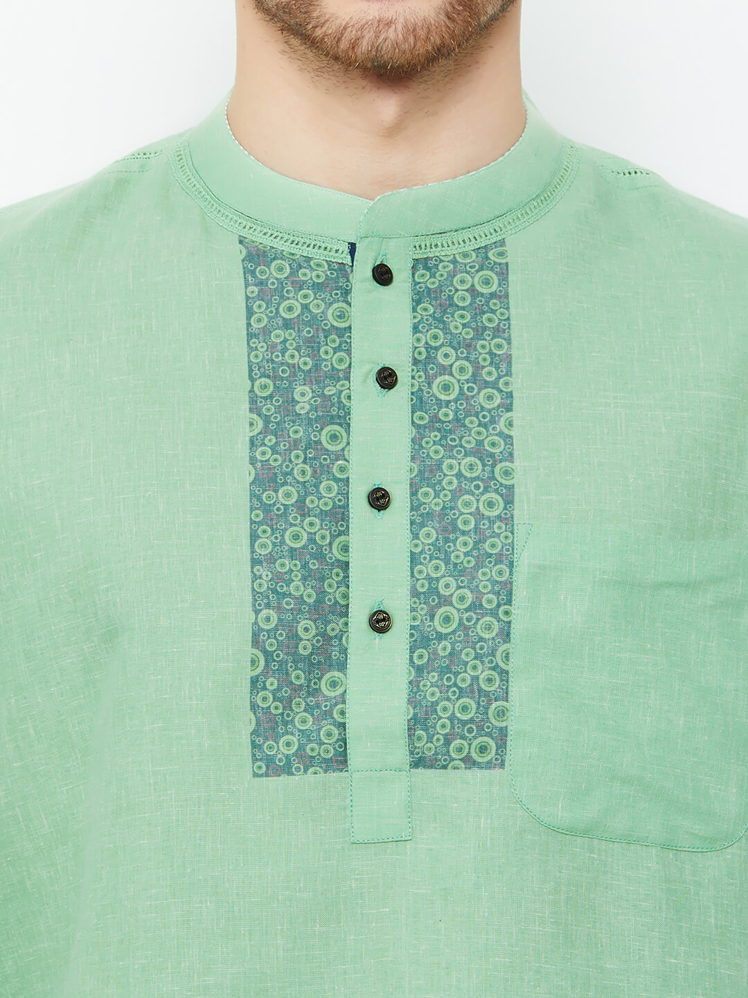 Green color poly cotton texture printed yoke men short kurta - Image 7