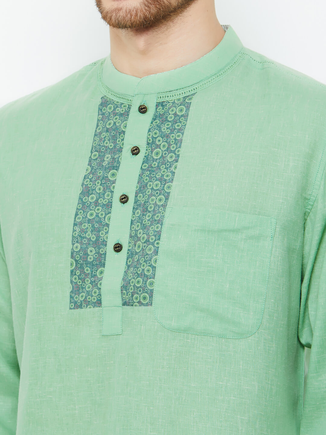 Green color poly cotton texture printed yoke men short kurta - Image 5