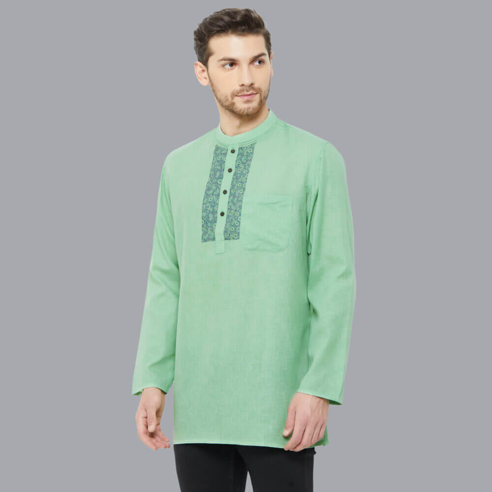 Green color poly cotton texture printed yoke men short kurta - Image 2