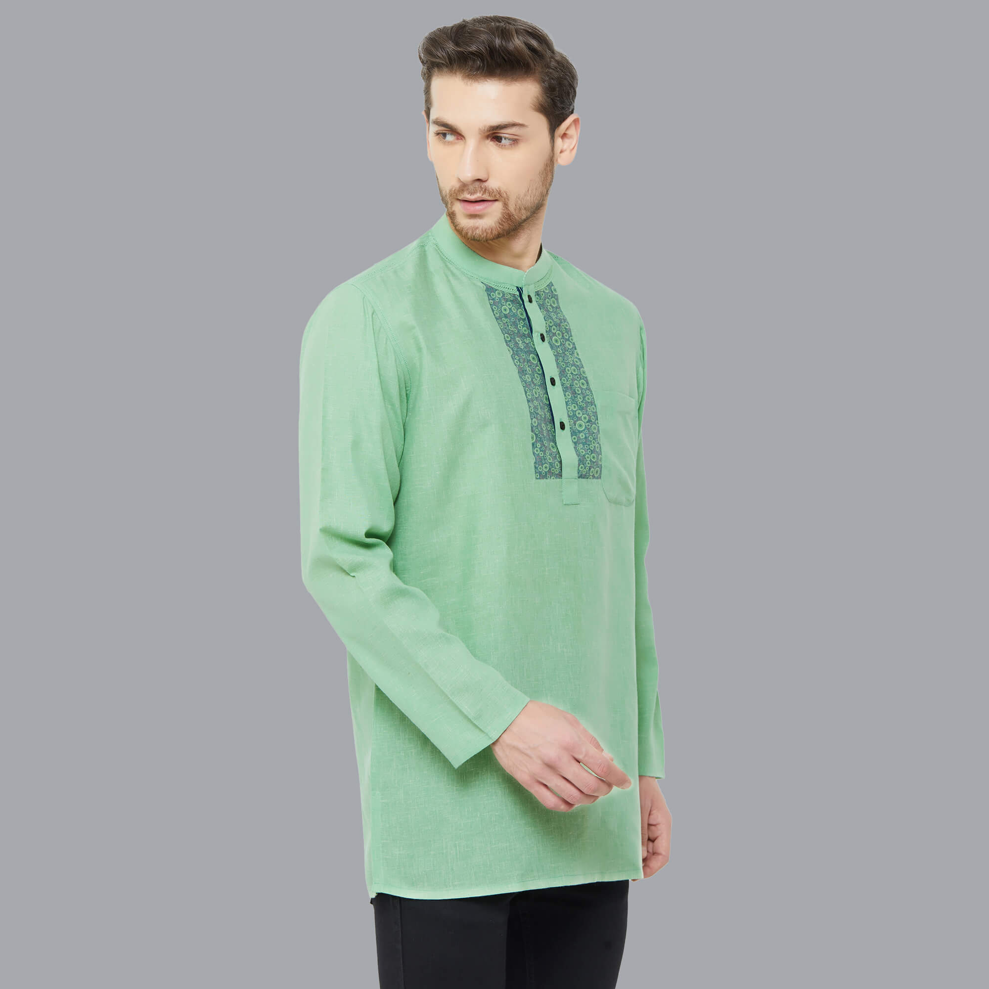 Green color poly cotton texture printed yoke men short kurta - Image 4