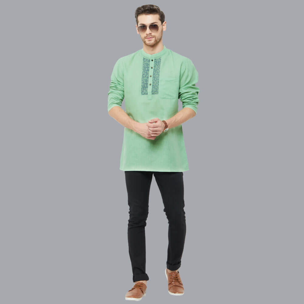 Green color poly cotton texture printed yoke men short kurta - Image 6