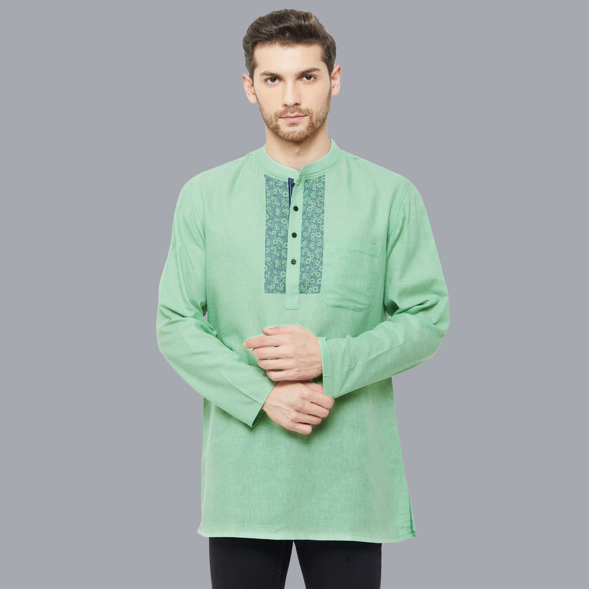 Green color poly cotton texture printed yoke men short kurta