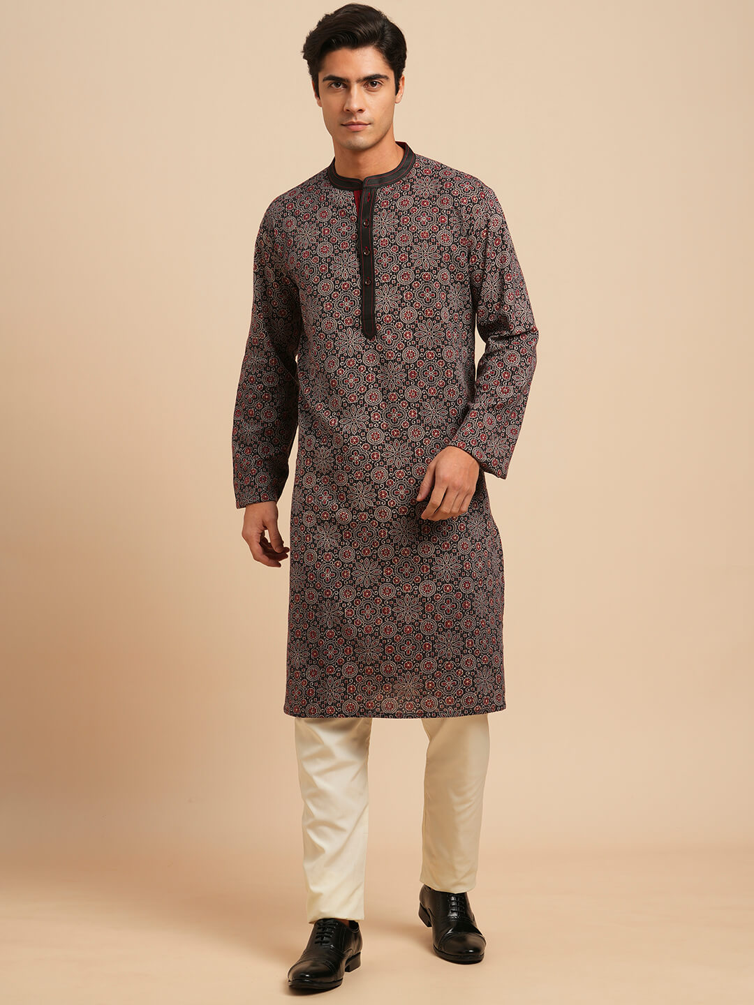 Black color cotton printed katha weave men long kurta