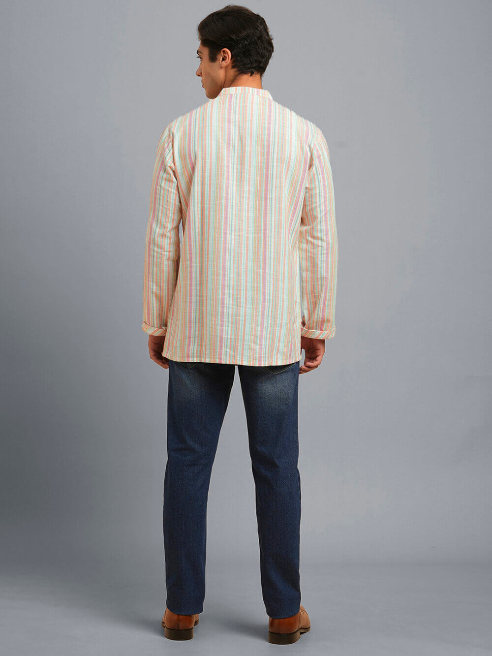Beige multicolor color stripes cotton embroidery men short kurta - Image 3