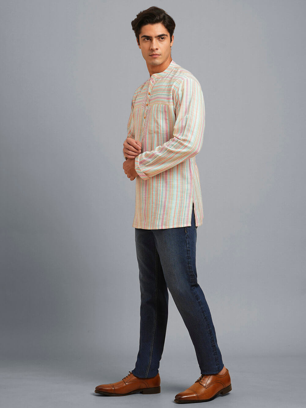 Beige multicolor color stripes cotton embroidery men short kurta - Image 7
