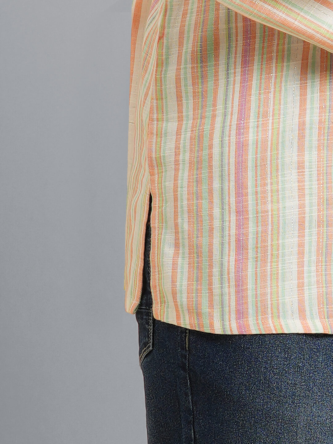 Beige multicolor color stripes cotton embroidery men short kurta - Image 5