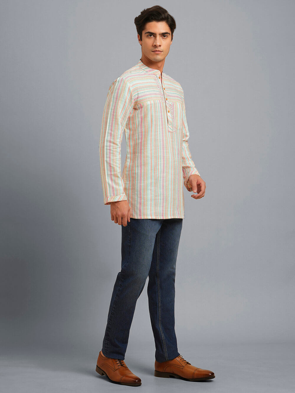 Beige multicolor color stripes cotton embroidery men short kurta - Image 2