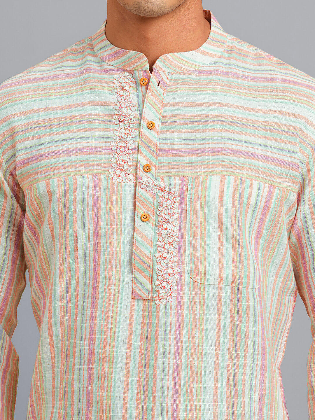 Beige multicolor color stripes cotton embroidery men short kurta - Image 4