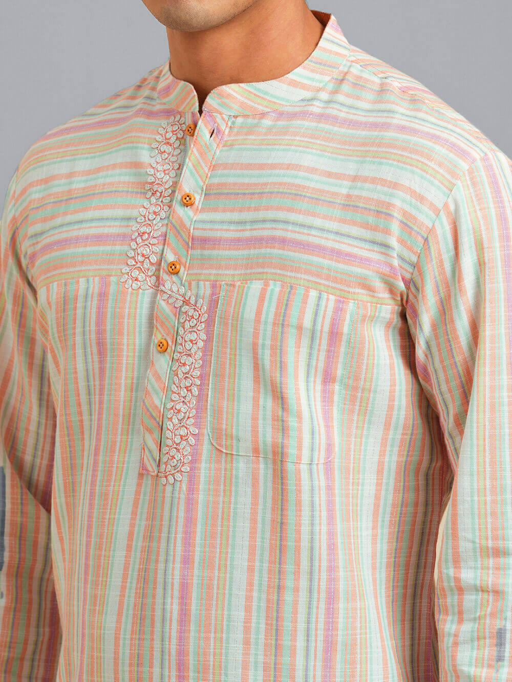 Beige multicolor color stripes cotton embroidery men short kurta - Image 6