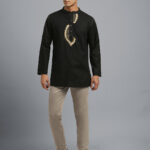 Black color poly cotton jacquard weave embroidery men short kurta