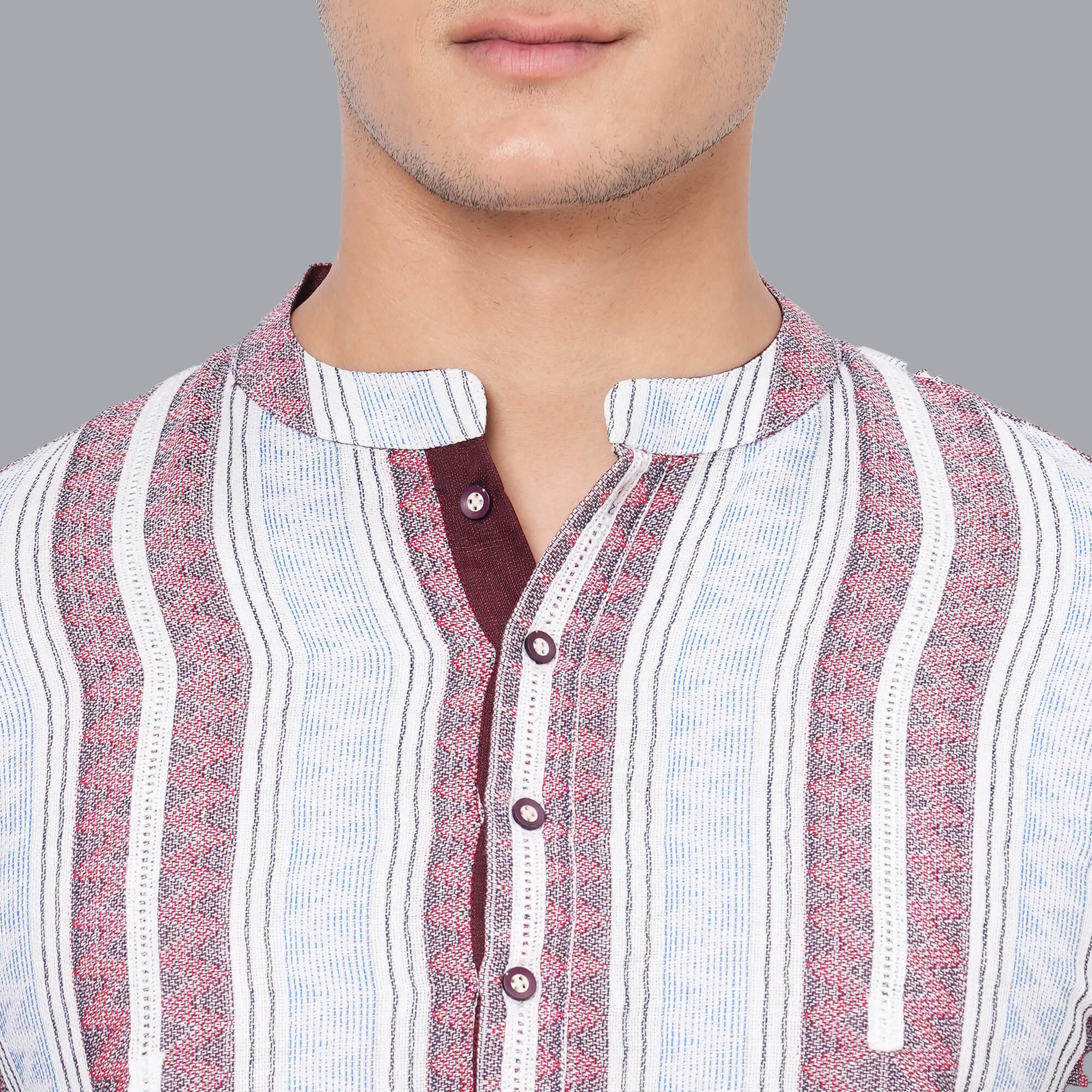 White cotton handloom red & black textured stripes men short kurta - Image 3