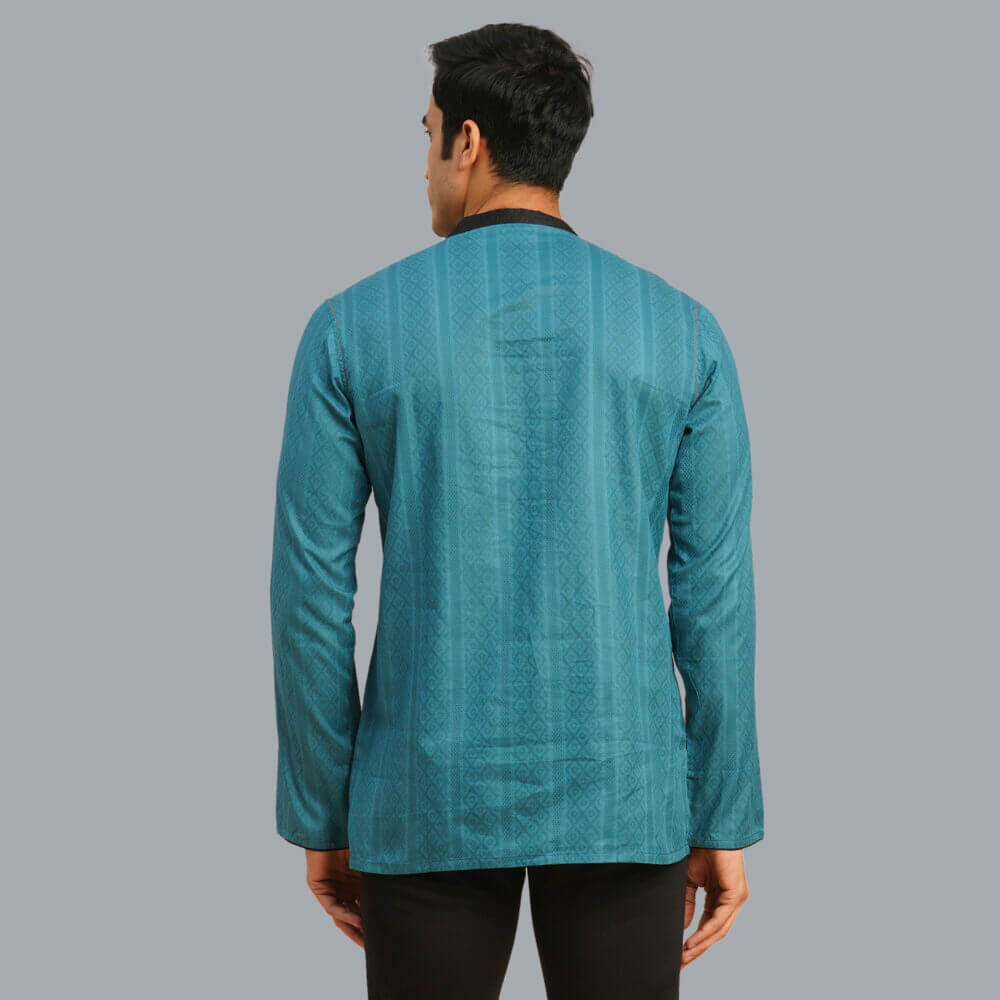 Jade green color poly cotton jacquard men short kurta - Image 3